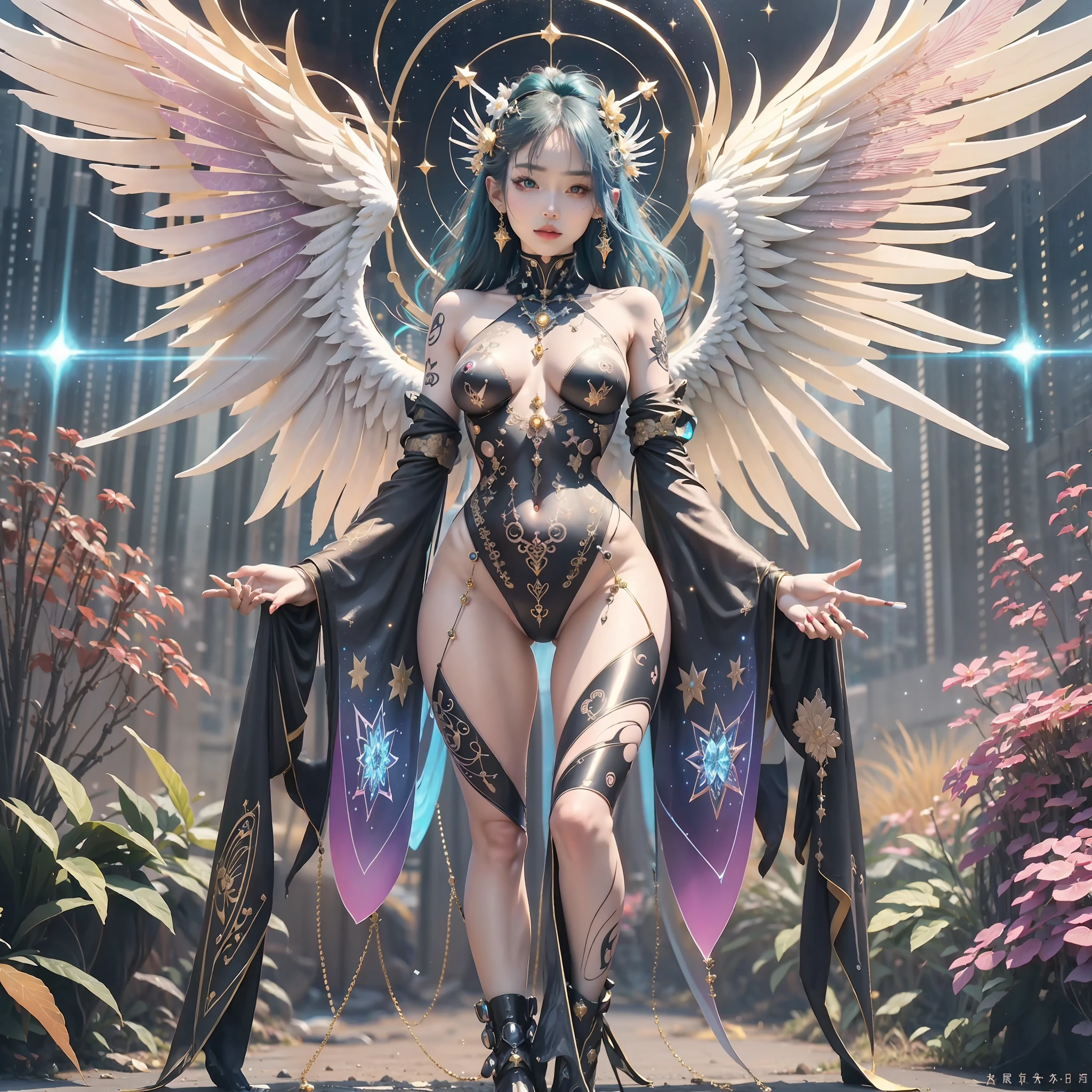 Futuristic fantastic girl on tarot cards, exquisite transparent skin, angel wings, sparkling universe, cyberpunk, full body, cute, sexy, very extreme and detailed details, attractive beautiful face, sparkly jewelry piercings, without breakdown of limbs, clean fingers, zentangle tattoo, floral ornament, flickering stars, golden ratio, Japan person