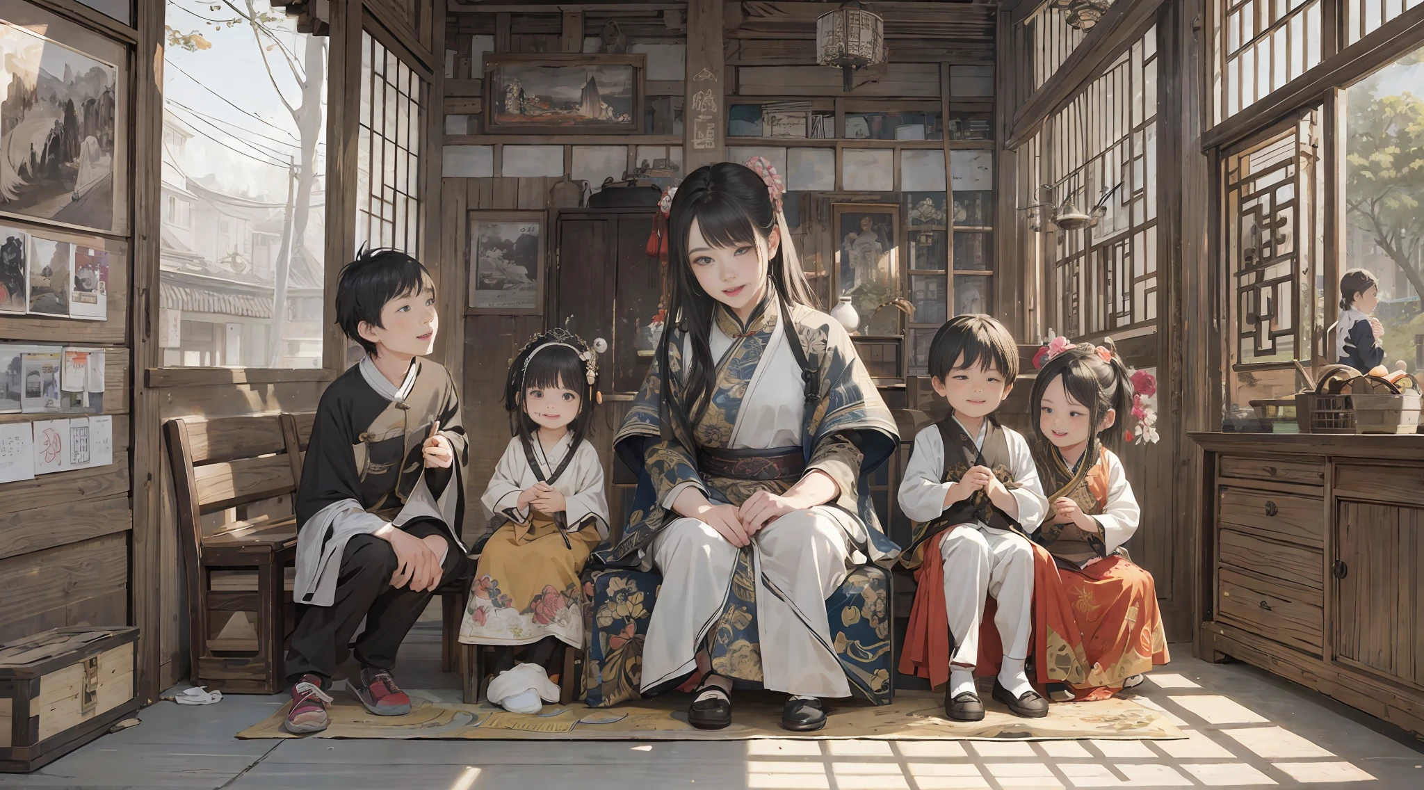 {{masterpiece, best quality, extremely detailed CG, unity 8k wallpaper, cinematic lighting}}, traditional Chinese ink painting,
traditional Chinese ink painting, 2 girls, 1boy, 2 women and a 1 boy sitting on a bench, aunt mother and son, with child, innocent boy, smiling mother and aunt, happy family,