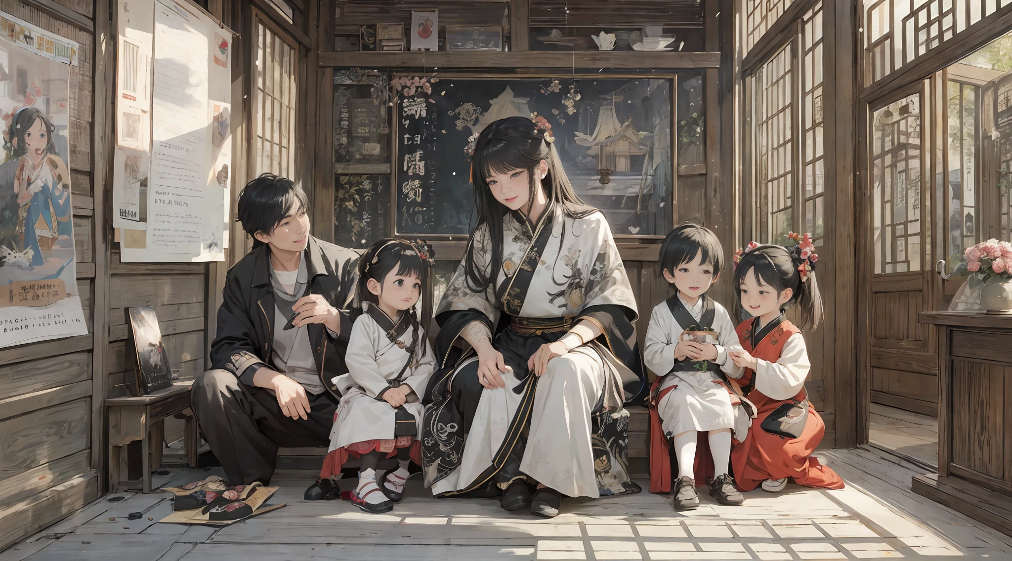 {{masterpiece, best quality, extremely detailed CG, unity 8k wallpaper, cinematic lighting}}, traditional Chinese ink painting,
traditional Chinese ink painting, 2 girls, 1boy, 2 women and a 1 boy sitting on a bench, aunt mother and son, with child, innocent boy, smiling mother and aunt, happy family,