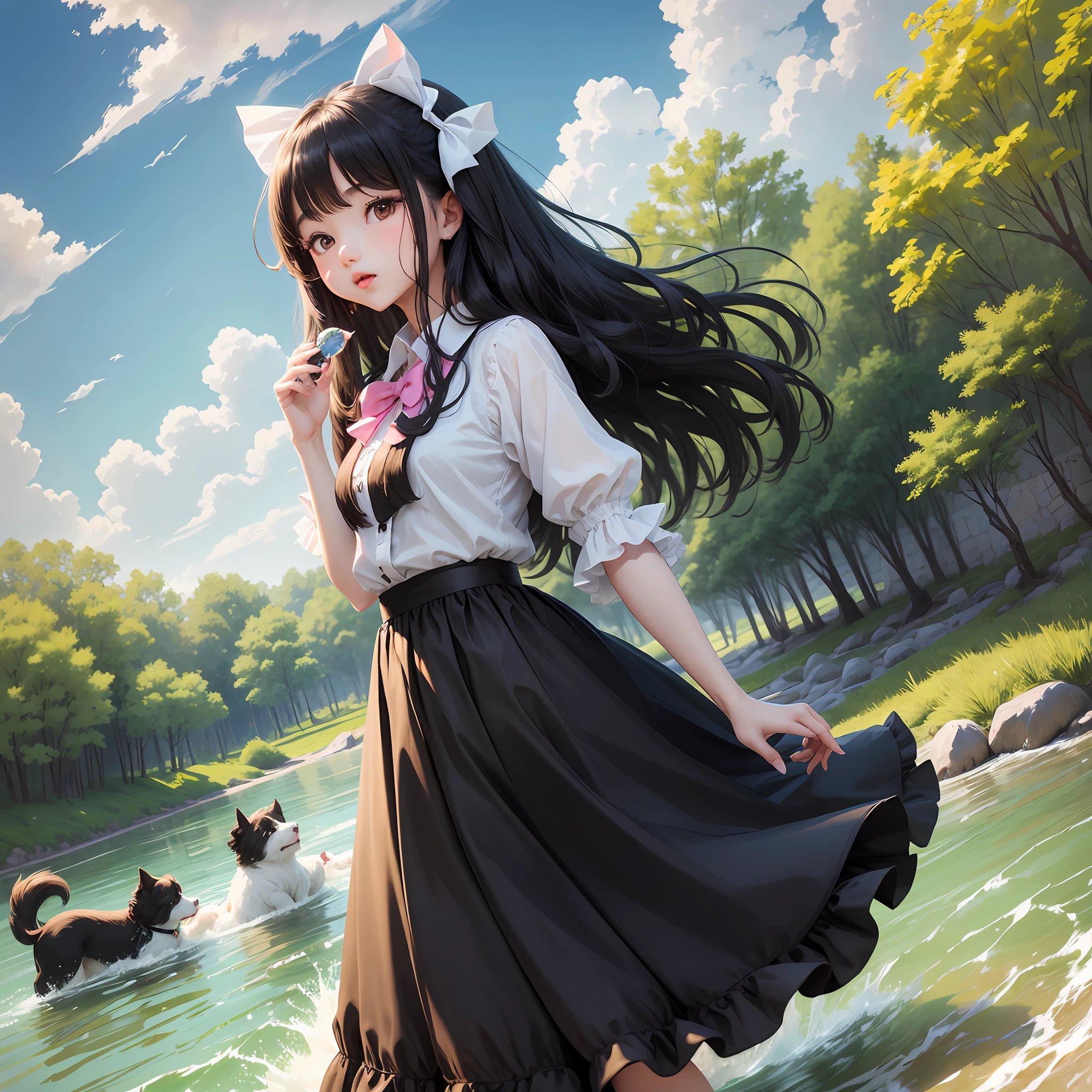 Black long-haired girl side face, light yellow long skirt, playing with puppies in the river, puppies are white Bomei, with pink bow ties, sticking out their tongues, fresh style, small river lawn, sunshine, blue sky and white clouds --auto --s2