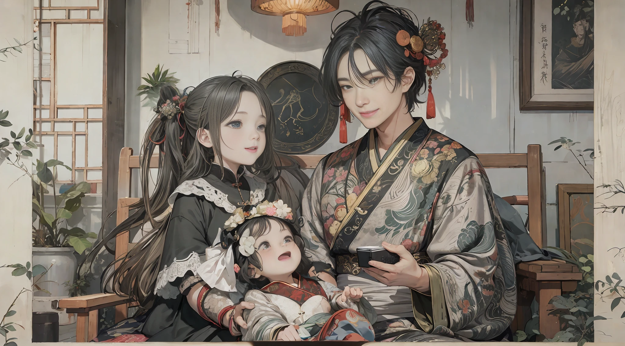 {{masterpiece, best quality, extremely detailed CG, unity 8k wallpaper, cinematic lighting}}, traditional Chinese ink painting,
traditional Chinese ink painting, 2 girls, 1boy, 2 women and a 1 boy sitting on a bench, aunt mother and son, with child, innocent boy, smiling mother and aunt, happy family,