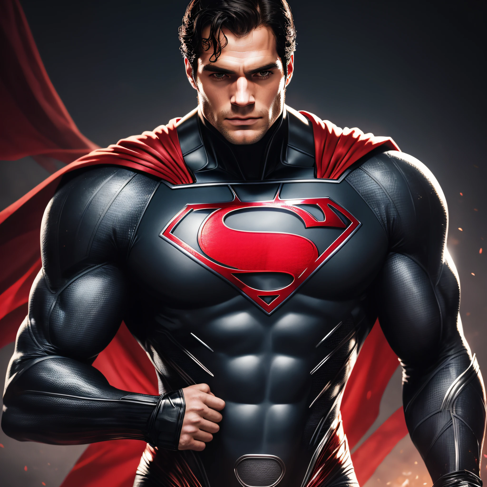 Henry Cavill as Superman, 40s year old, all black and red details suit, a strain of hair covering forehead, tall, manly, hunk body, muscular, straight face, black medium hair, best quality, high resolution, masterpiece, raw photo, dark background, detailed suit, detailed face