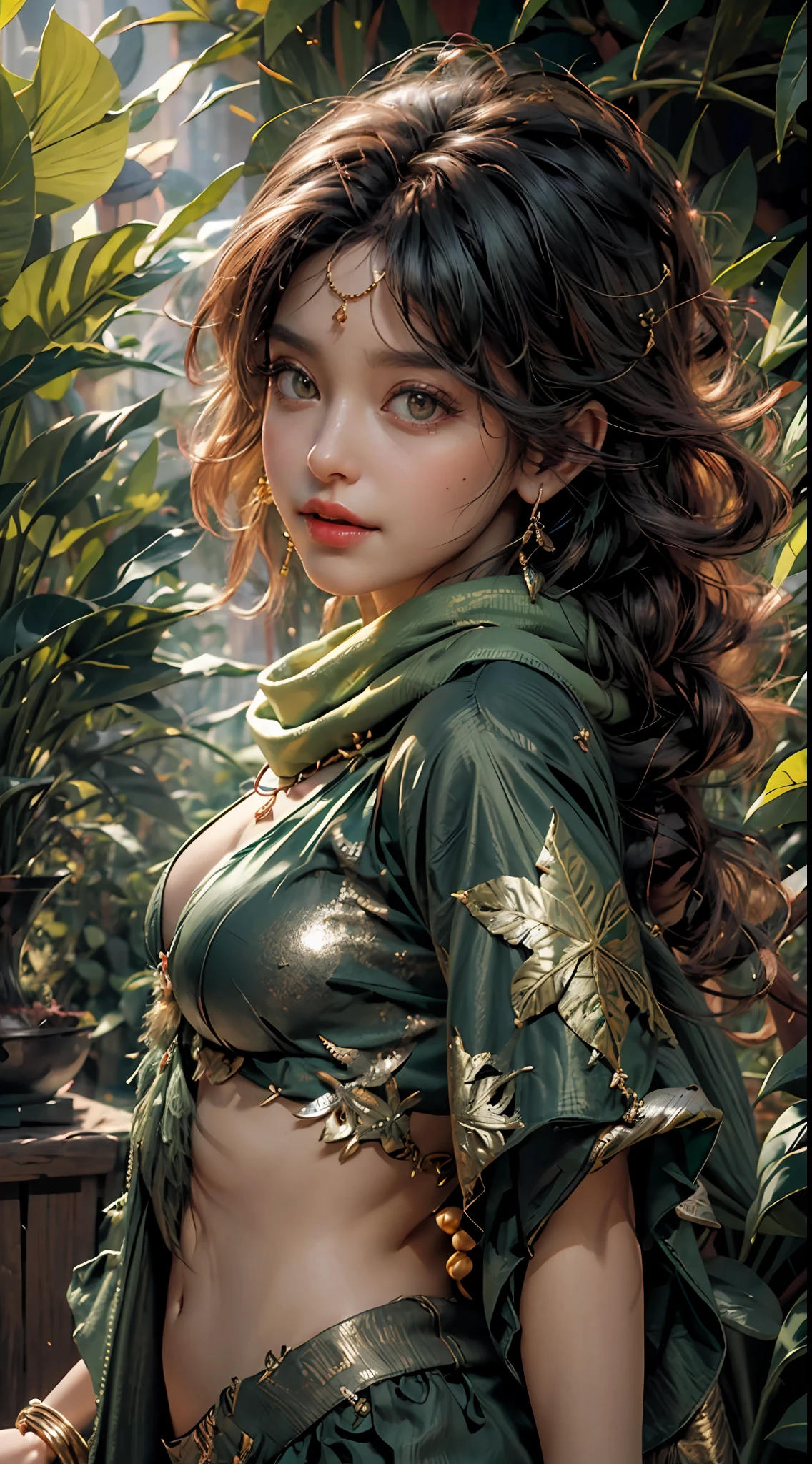 (RAW Photo, Best Quality), (Realistic, Realistic: 1.3), Best Quality, Highly Detailed, Masterpiece, Hyper Detail, Illustration, 1 Girl, upper_body, Dynamic Angle, World Mastery Theater, messy_long_hair, Best Quality, Extremely Detailed CG Uniform 8k Wallpaper, Ink, Breathtaking, Cinematic Light, lens_flare, gufeng_style, Fantastic Big Eyes, Green Clothes, (Heavy makeup: 1.2), exotic, desert, (laughs: 1.2), (gold leaf), monstera, bamboo, scarf floats up, Sony main shot