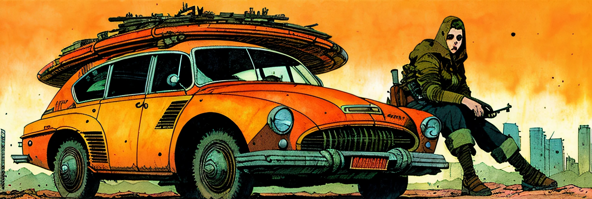 sao paulo, brazil, old-car, women on top, science fiction, complex scene futuristic, post-apocalyptic
dark, dim light, dark-scene, brown-scale, orange-scale
( ink sketch by Enki Bilal)((masterpiece, best quality, )),