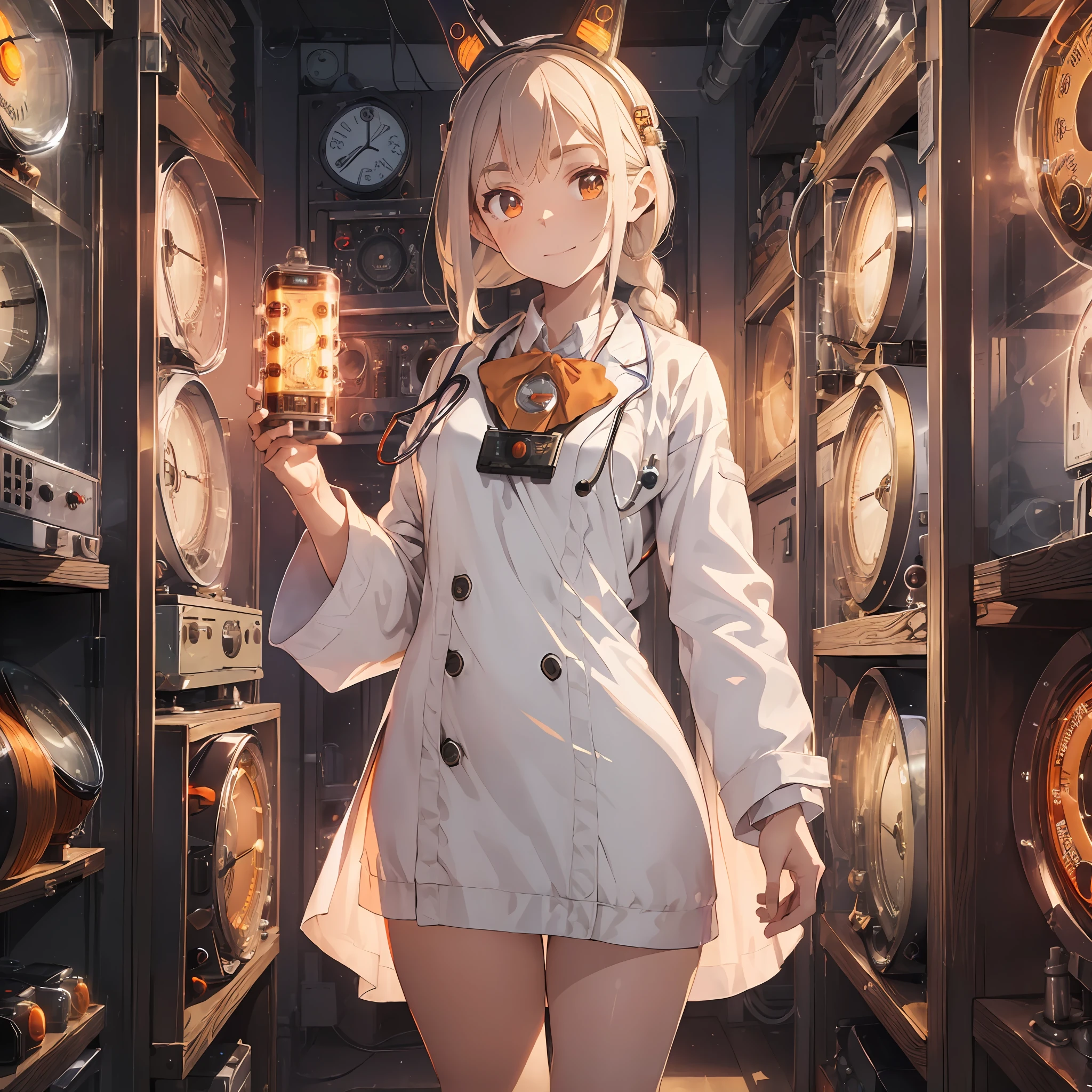 (Nixie tube clock in hand:1.4), ((doctor's) white gown:1.6), (Nixie tube clock with glowing orange: 1.6), cinematic lighting, oversized doctor coat, rabbit ears, thick eyebrows, eye sun, small, pigtails, beautiful blonde, braid, (masterpiece), ((highest quality)), (super detailed), Full body anime girl, clean and detailed face, beautiful eyes with high resolution, five fingers, textile shading, perfect human body structure, perfect anatomy,