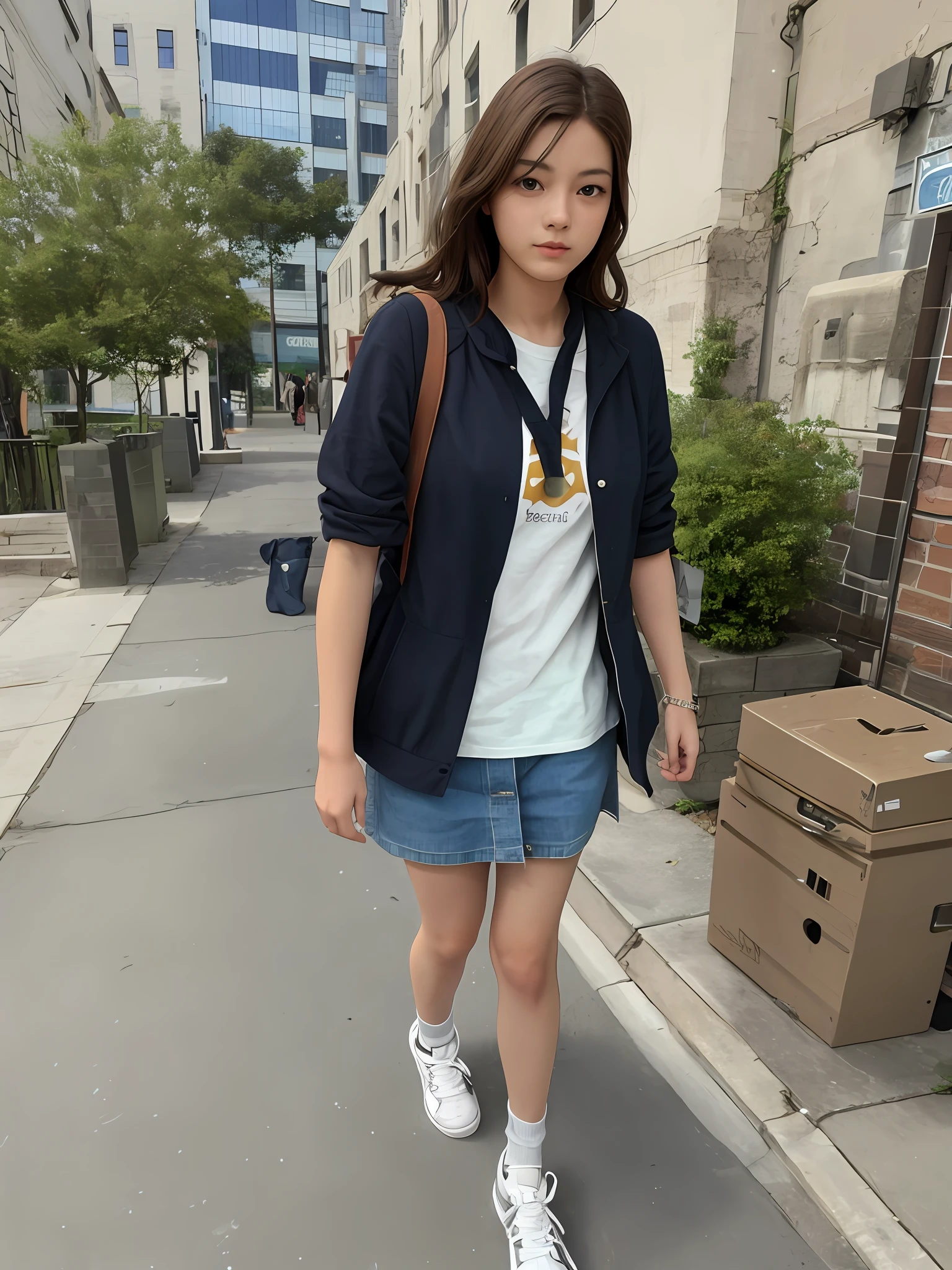 Realistic photo of cute girl, walking in mini skirt
