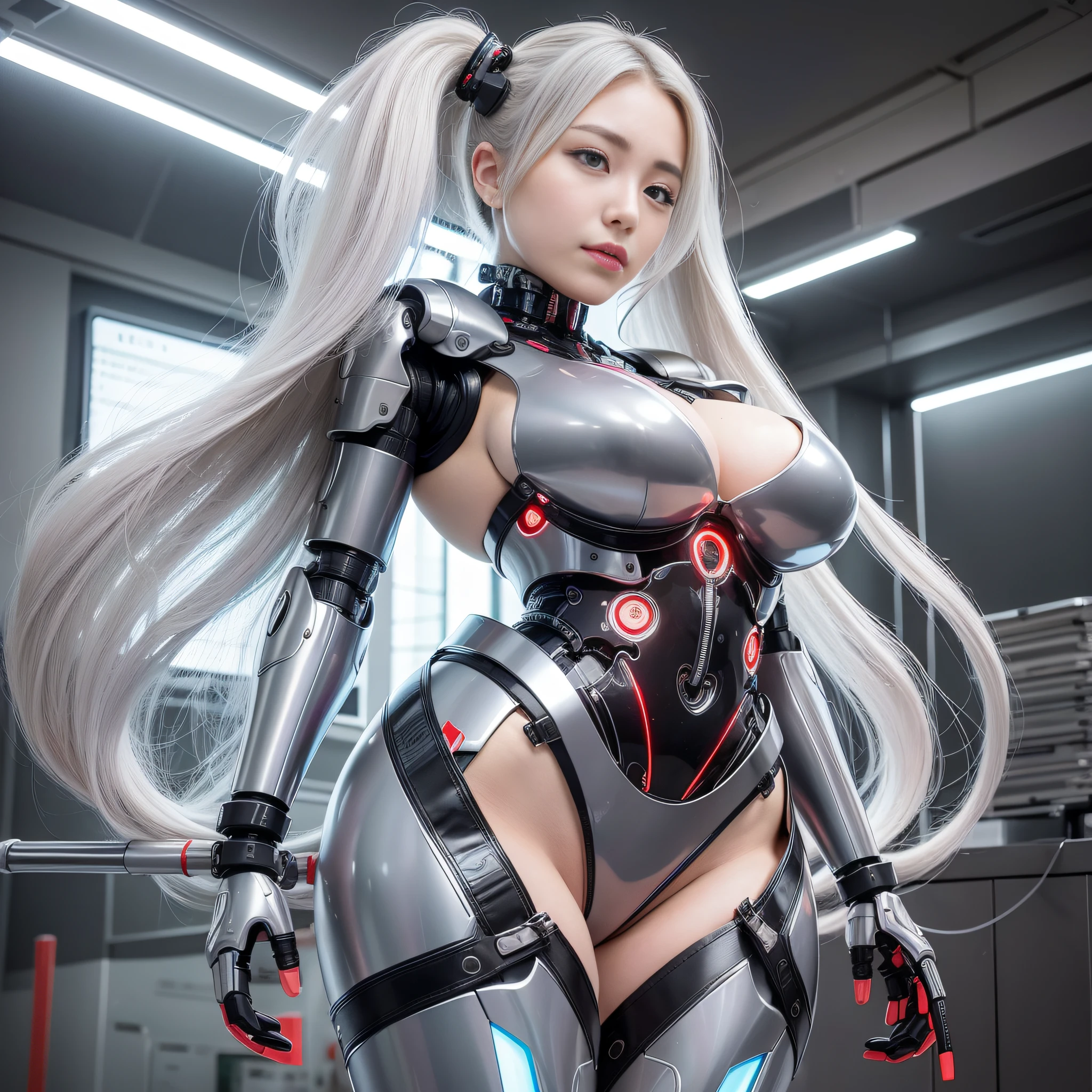 Beautiful Face,face is Japan, 1 Woman, Big, Curvaceous, (16k, RAW photo, top quality, masterpiece: 1.2), (HDR, Realistic, Photorealistic: 1.37) (tube attached to the body), (Bikini Cyborg robot parts)))), (light gray hair), Long hair, Wavy hair, Twin tails, Medium shot, ( Seductive smile)), (black eyes), princess cut,from below,(whole body),posing,,in the lab,( tube connected to blood vessel),((mechanical vertebrae attached to the back)),((mechanical neck attached to the neck)),(wire cable attached to the head and body),(character focus),science fiction,perfect female figure,perfect anatomy,ultraanatomy, Full body shot, up to 4 fingers and 1 thumb relationship,