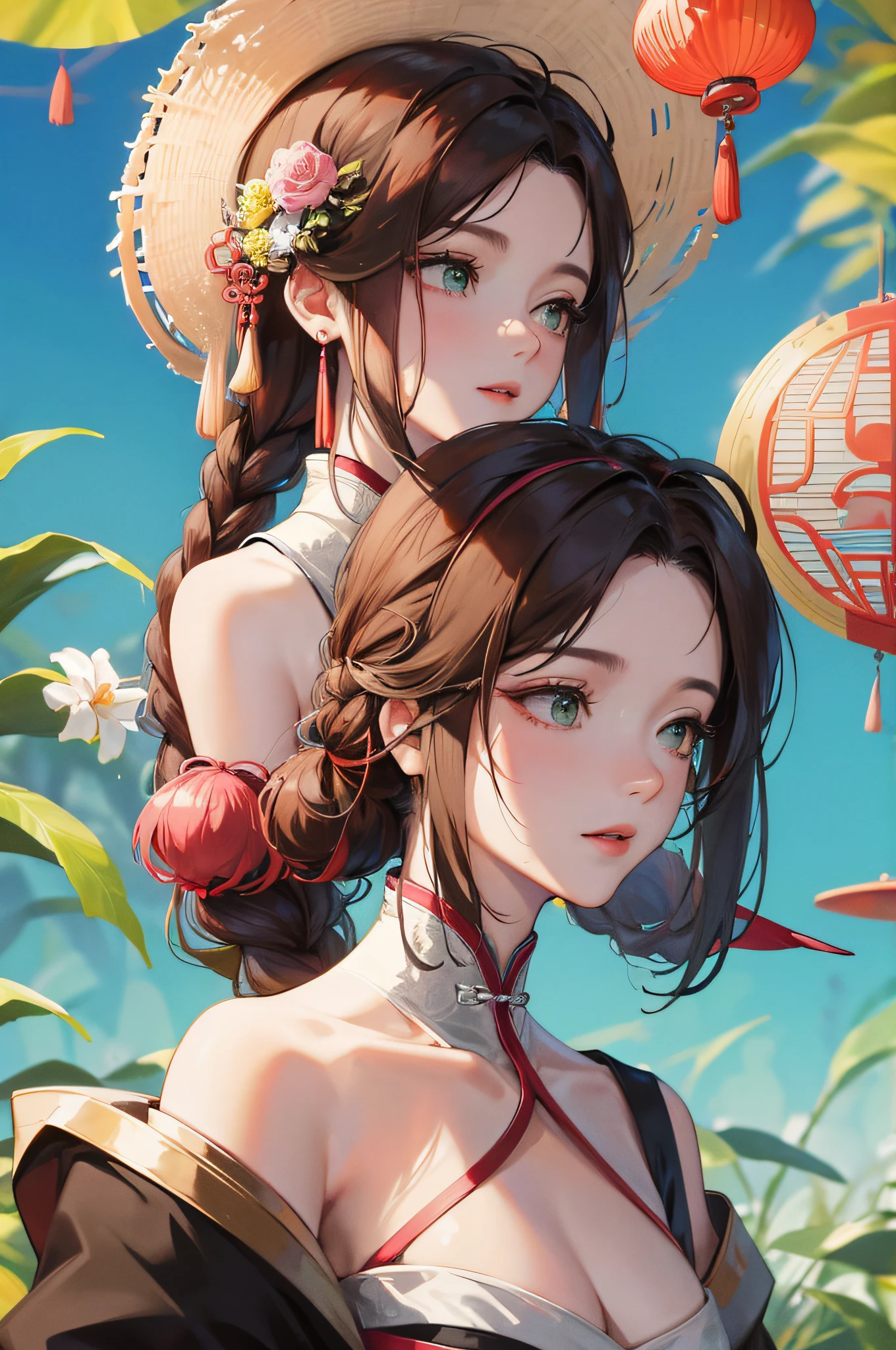 Masterpiece, Superb Daytime, Outdoor, Water's Edge, Festival, Festivity, A Woman, Mature Woman, Chinese Style, Ancient China, Sister, Royal Sister, Indifferent Expression, Expressionless Face, Dark Brown Hair, Green Eyes, Single Twist Braid, Curly Hair, Double Pill, Head Light Pink Lips, Calm Lips, Intellectual, Chinese Hairpin, Doctor's Herbs