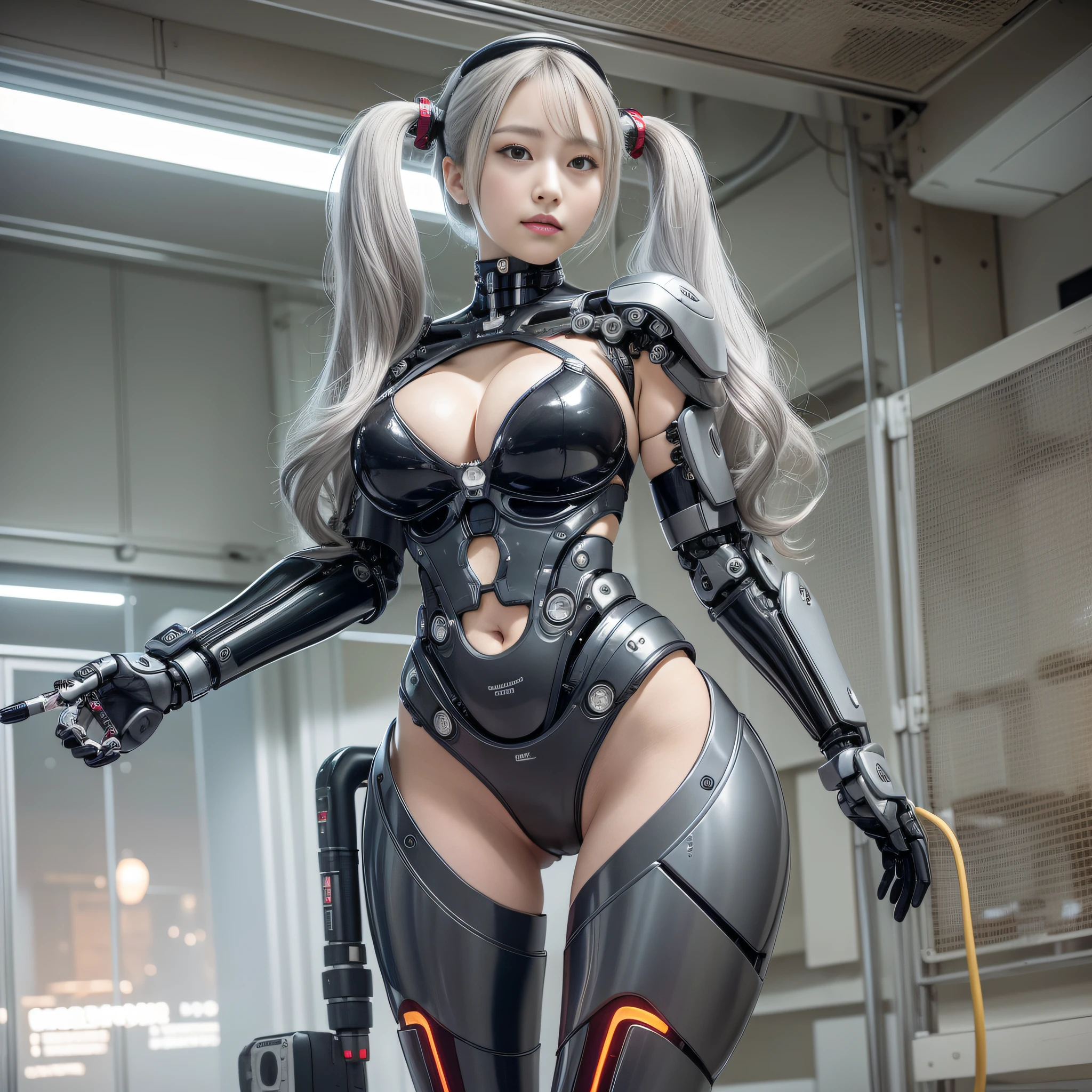 Beautiful Face,face is Japan, 1 Woman, Big, Curvaceous, (16k, RAW photo, top quality, masterpiece: 1.2), (HDR, Realistic, Photorealistic: 1.37) (tube attached to the body), (Bikini Cyborg robot parts)))), (light gray hair), Long hair, Wavy hair, Twin tails, Medium shot, ( Seductive smile)), (black eyes), princess cut,from below,(whole body),posing,,in the lab,( tube connected to blood vessel),((mechanical vertebrae attached to the back)),((mechanical neck attached to the neck)),(wire cable attached to the head and body),(character focus),science fiction,perfect female figure,perfect anatomy,ultraanatomy, Full body shot, up to 4 fingers and 1 thumb relationship,