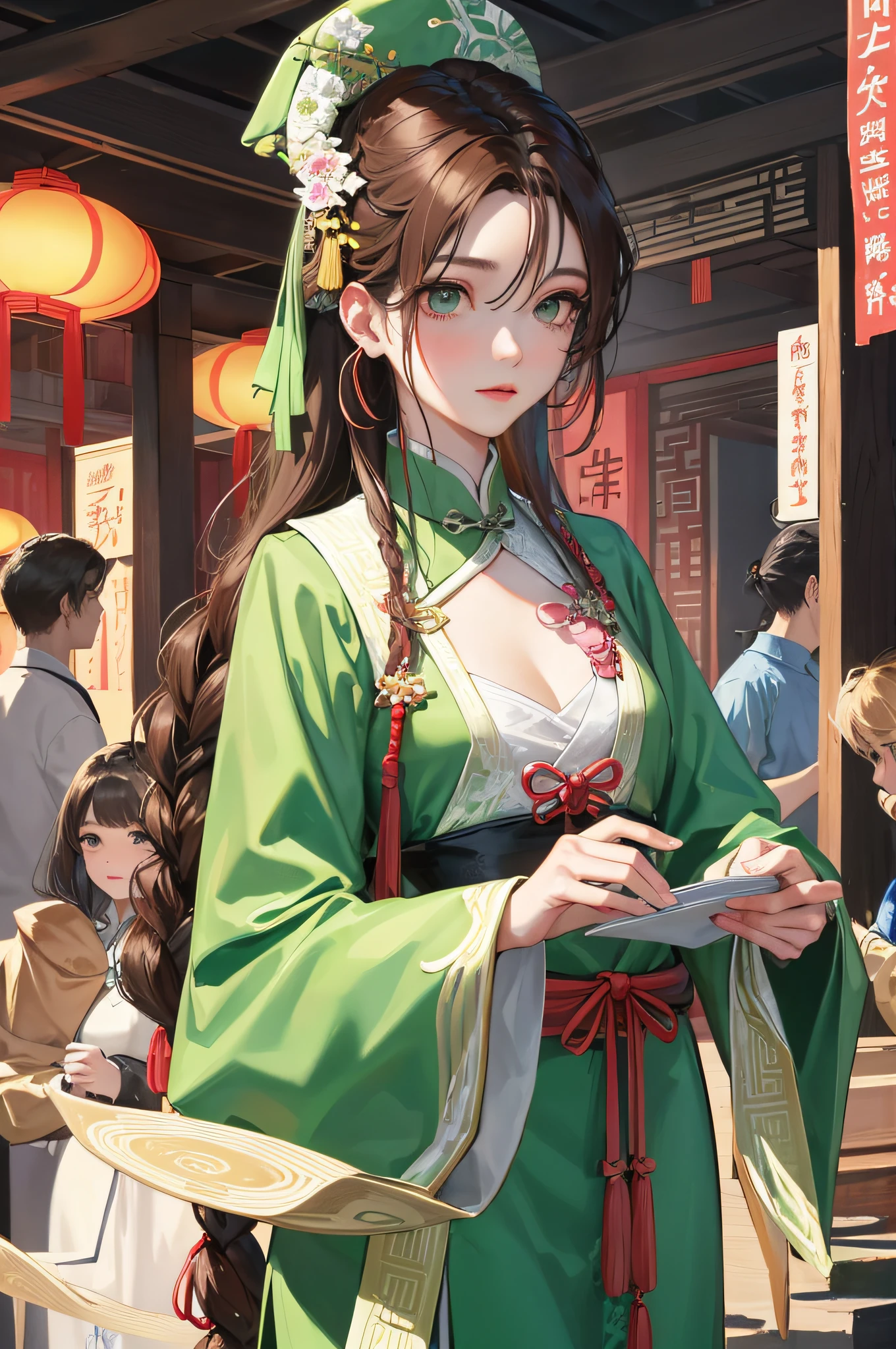 Masterpiece, Superb Daytime, Outdoor, Water's Edge, Festival, Festivity, A Woman, Mature Woman, Chinese Style, Ancient China, Sister, Royal Sister, Indifferent Expression, Expressionless Face, Dark Brown Hair, Green Eyes, Single Twist Braid, Curly Hair, Double Pill, Head Light Pink Lips, Calm Lips, Intellectual, Chinese Hairpin, Doctor's Herbs