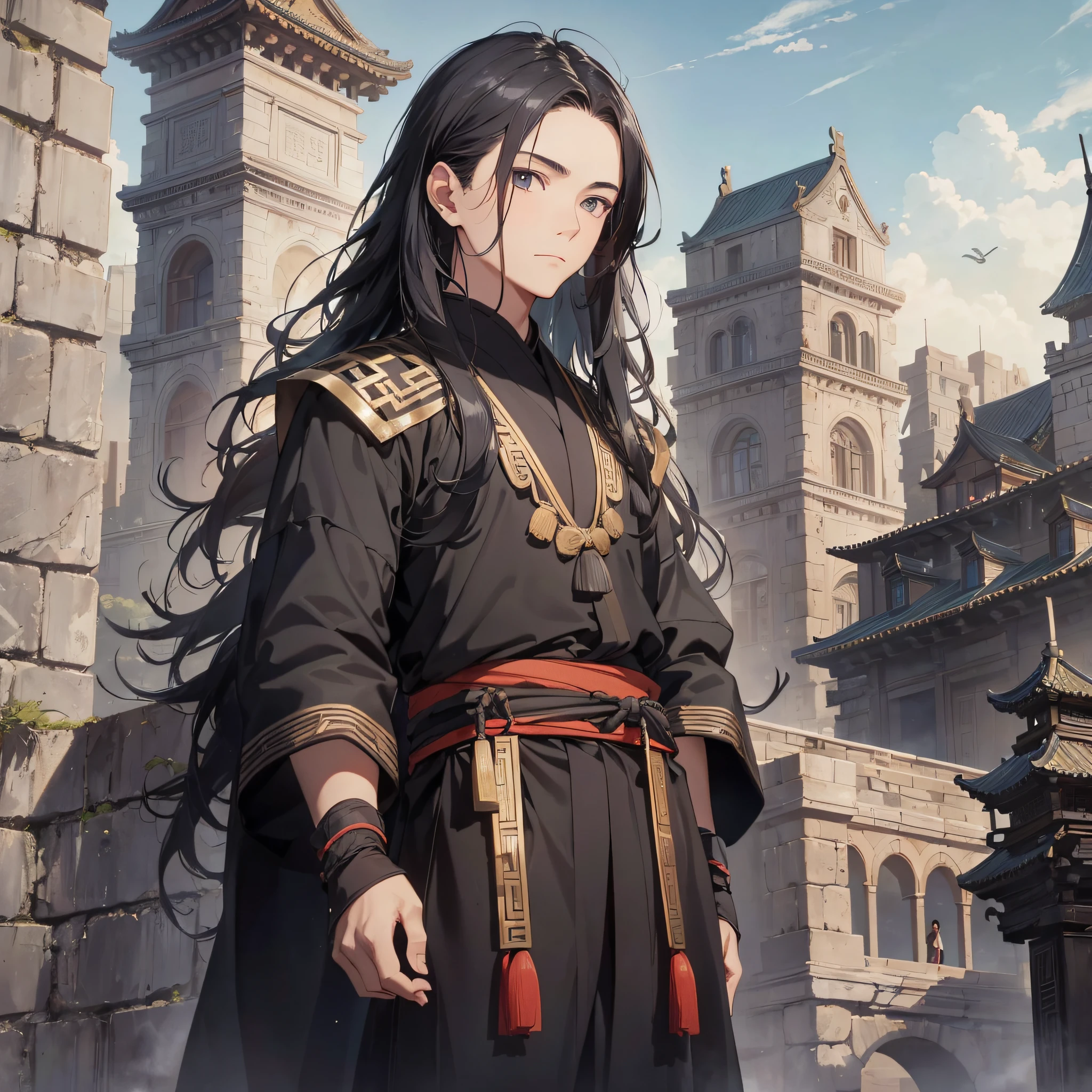 Absurd resolution, high resolution, (masterpiece: 1.4), hyperdetail, ancient Chinese, black long-haired young man (1.3), wearing black cloth, standing on the ancient city wall looking into the distance (1.3), dusk, sad expression