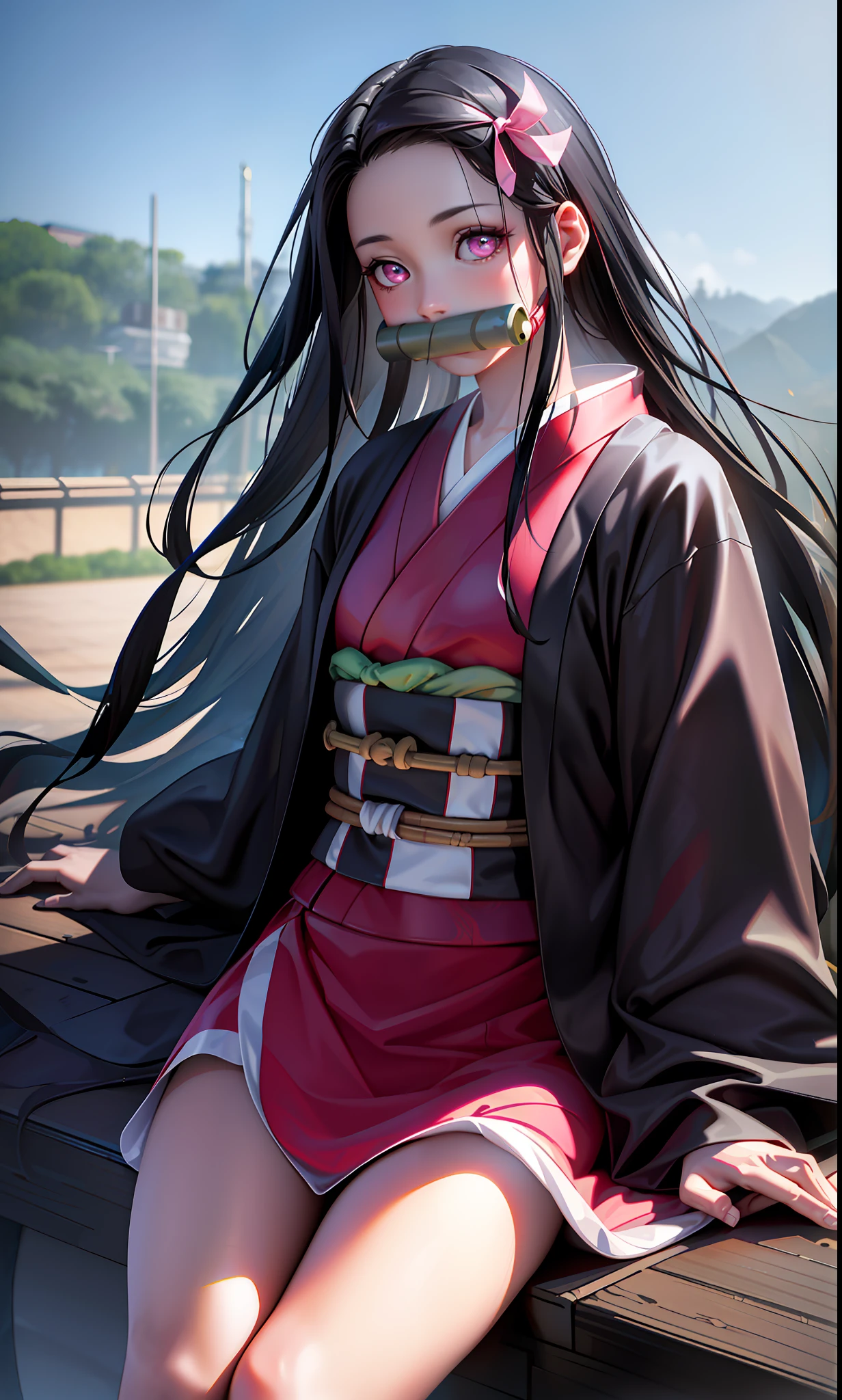 masterpiece, (photorealistic:1.5), realistic eyes, asian woman, best quality, beautiful lighting, professional lighting, photon mapping, radiosity, physically-based rendering, kamado nezuko, 1girl, black hair, forehead, hair ribbon, japanese clothes, kimono, long hair, multicolored hair, pink eyes, pink kimono, pink ribbon, ribbon, very long hair, bit gag, gagged, sky, ((aged up)), (RAW photo, 8k uhd, film grain)