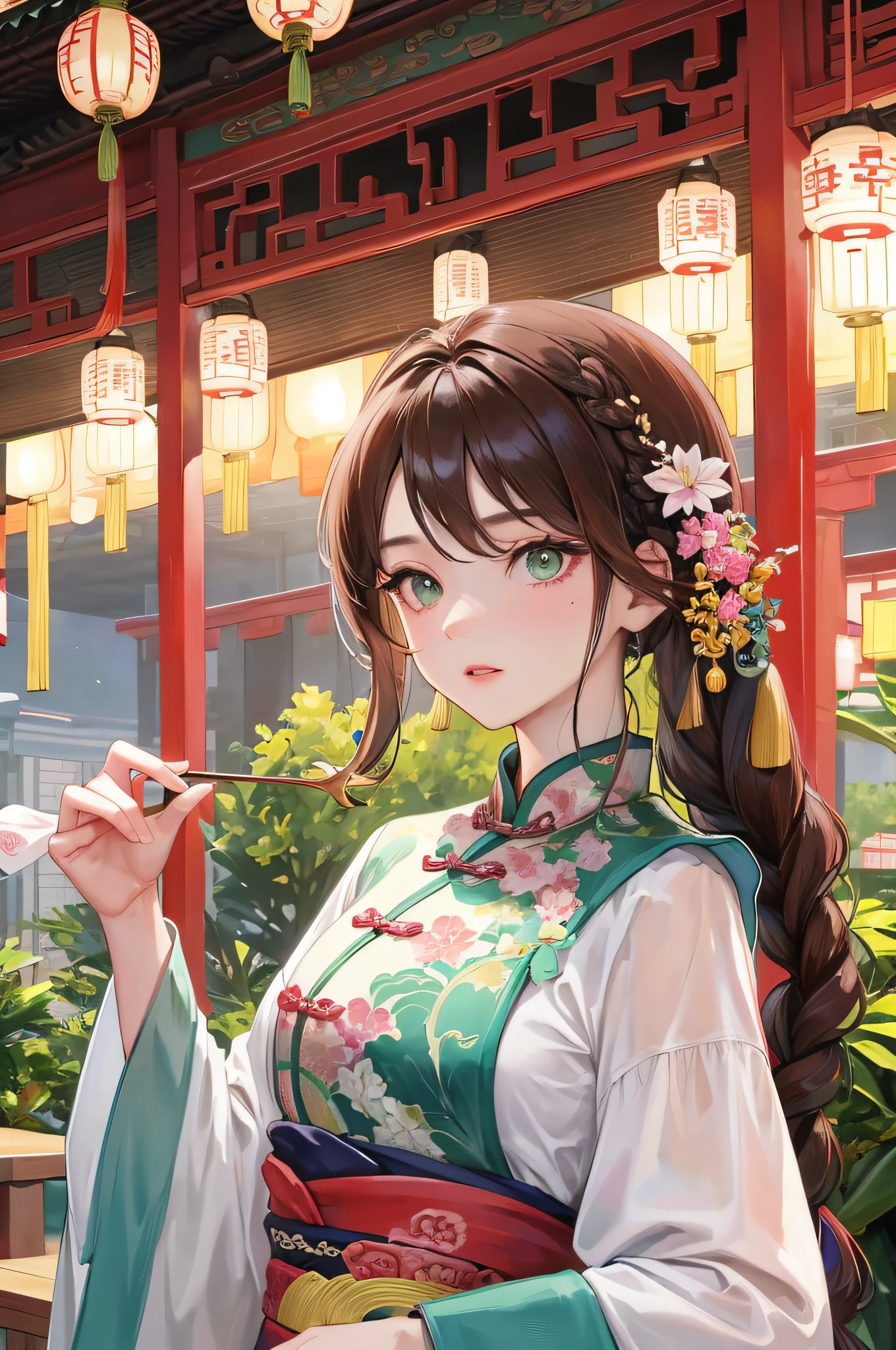 Masterpiece, Superb Daytime, Outdoor, Water's Edge, Festival, Festivity, A Woman, Mature Woman, Chinese Style, Ancient China, Sister, Royal Sister, Indifferent Expression, Expressionless Face, Dark Brown Hair, Green Eyes, Single Twist Braid, Curly Hair, Double Pill, Head Light Pink Lips, Calm Lips, Intellectual, Chinese Hairpin, Doctor's Herbs