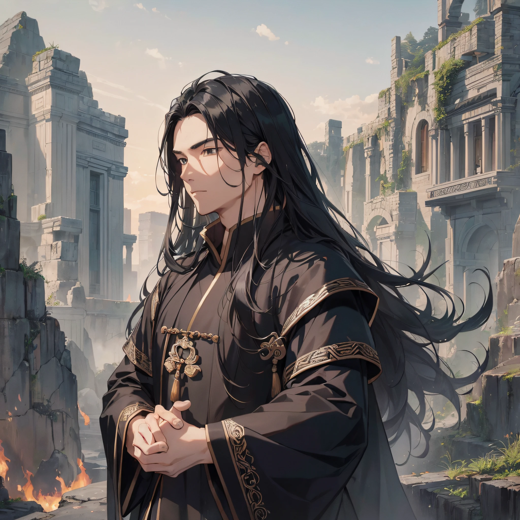 Absurd resolution, high resolution, (masterpiece: 1.4), hyperdetail, ancient Chinese, black long-haired young man (1.3), wearing black cloth, standing on the ancient city wall looking into the distance (1.3), dusk, sad expression