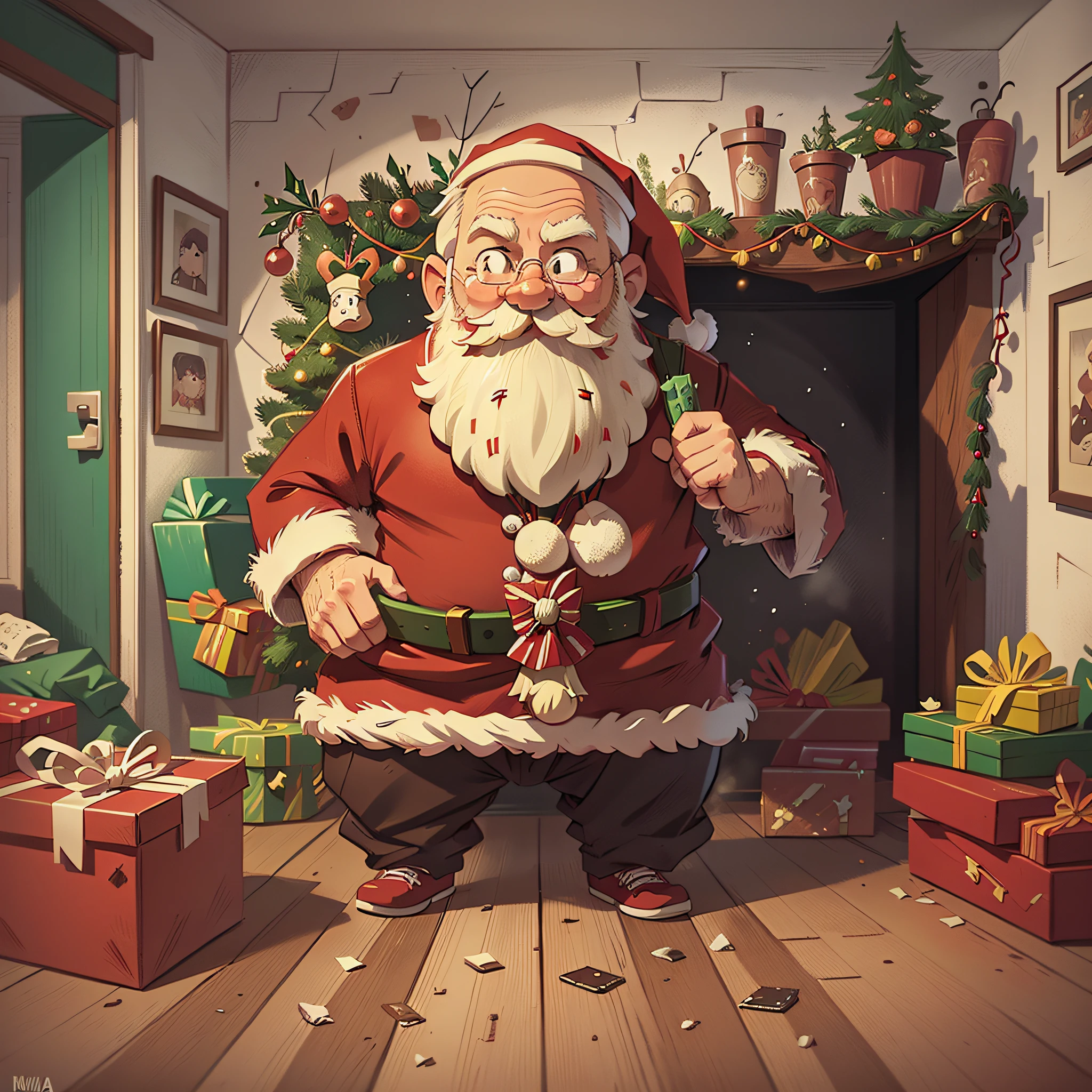 Santa Claus out of fireplace, white beard, night, cartoon illustration style, vintage tones, Christmas tree, presents