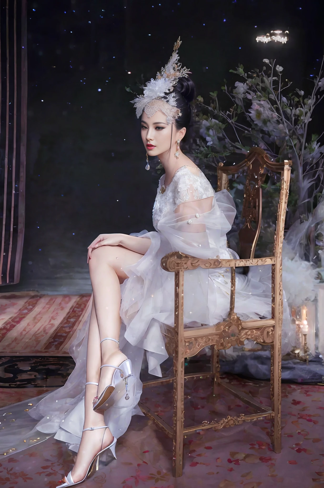 Woman in white dress sitting on chair, long legs, bandeau long skirt, hanfu, stockings, stockings, stockings, proud look, high heels, a high heel shoe taken off, tall figure, dungeon, dungeon, dungeon, dungeon, interrogation room, interrogation room, interrogation room, interrogation room, one high heel dropped on the ground, one high heel dropped on the ground, side chest exposed, ultra-realistic 8k CG, perfect artwork, (((perfect female image)), mature woman, mature woman, narrow waist, Chinese goddess, looking at the audience, seductive pose, Sexy pose, seductive, clean, beautiful face, pure face, pale skin, black hair, glasses, wearing glasses, divine goddess, shiny skin, skin dents, lace, lace trim, lace-trimmed tights, delicate patterns, intricate details, (rich: 1.4), prestige, gorgeous, jewelry, gemstones, gold, silver, diamonds, glitter, sapphires, rubies, emeralds, pearls, amber, obsidian