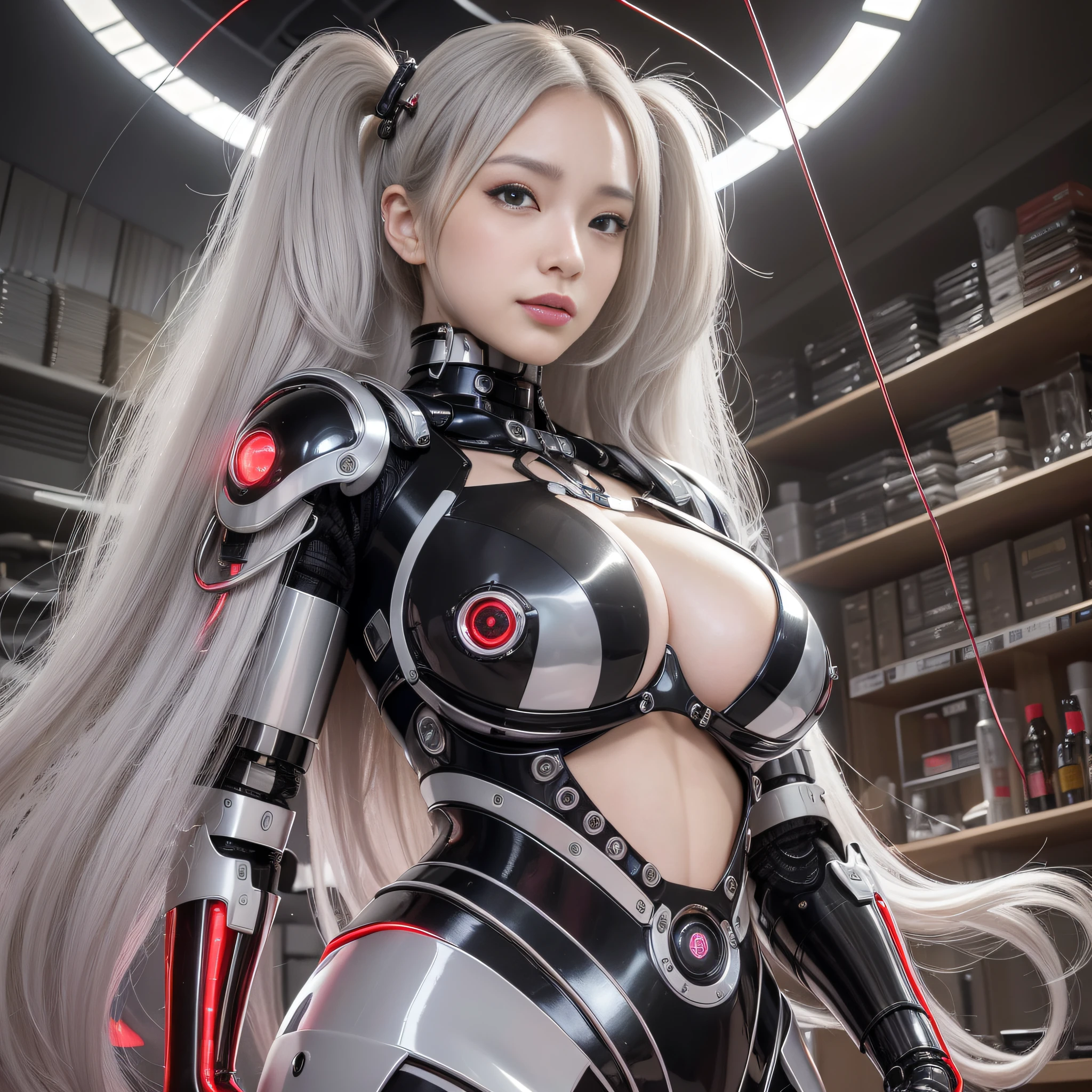 Beautiful Face,face is Japan, 1 Woman, Big, Curvaceous, (16k, RAW photo, top quality, masterpiece: 1.2), (HDR, Realistic, Photorealistic: 1.37) (tube attached to the body), (Bikini Cyborg robot parts)))), (light gray hair), Long hair, Wavy hair, Twin tails, Medium shot, ( Seductive smile)), (black eyes), princess cut,from below,(whole body),posing,,in the lab,( tube connected to blood vessel),((mechanical vertebrae attached to the back)),((mechanical neck attached to the neck)),(wire cable attached to the head and body),(character focus),science fiction,perfect female figure,perfect anatomy,ultraanatomy, Full body shot, up to 4 fingers and 1 thumb relationship,