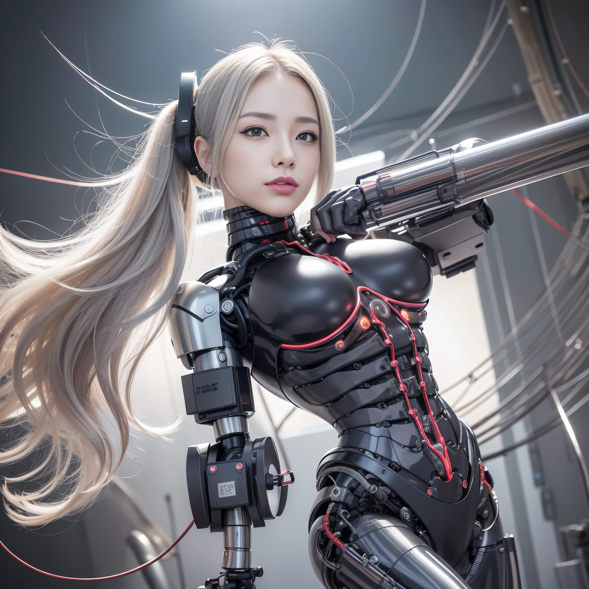 Beautiful Face,face is Japan, 1 Woman, Big, Curvaceous, (16k, RAW photo, top quality, masterpiece: 1.2), (HDR, Realistic, Photorealistic: 1.37) (tube attached to the body), (Bikini Cyborg robot parts)))), (light gray hair), Long hair, Wavy hair, Twin tails, Medium shot, ( Seductive smile)), (black eyes), princess cut,from below,(whole body),posing,,in the lab,( tube connected to blood vessel),((mechanical vertebrae attached to the back)),((mechanical neck attached to the neck)),(wire cable attached to the head and body),(character focus),science fiction,perfect female figure,perfect anatomy,ultraanatomy, Full body shot, up to 4 fingers and 1 thumb relationship,