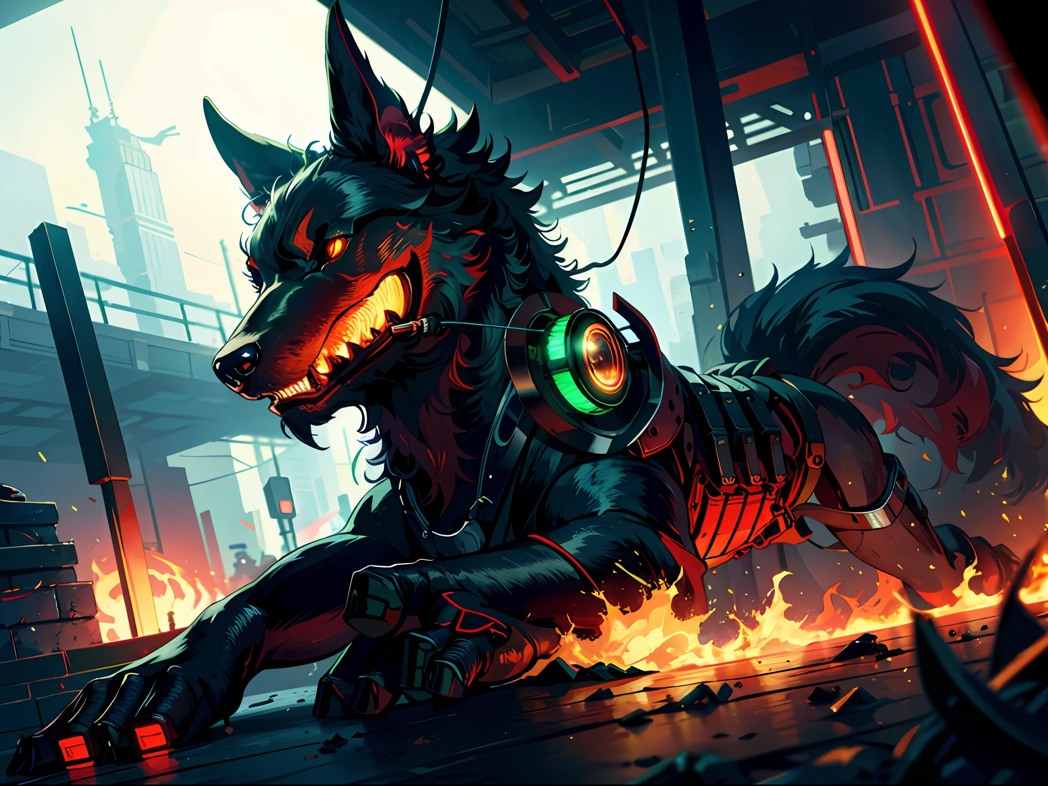 (HD resolution: 1.2), (highest quality), (illustration), (super detailed), (mechanical dog), (black mechanical dog), (deep red light: 1.1 + green light: 0.9), mechanical shape is very cool, using mechanical metal material, exotic style, canine mechanical dog lying lazily, eyes shining through the darkness with a deep red-green light, both technological futuristic and emotional"