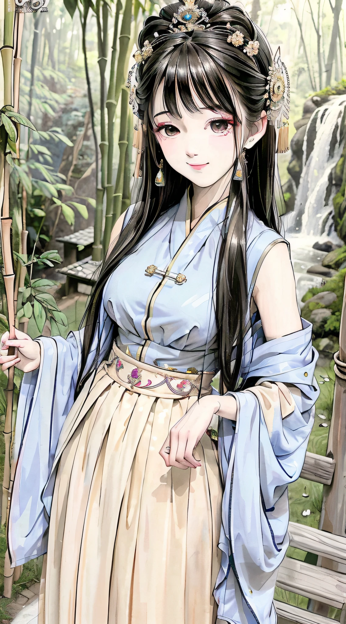 Masterpiece, 4k, super detailed, 1girl, 20-year-old young woman, delicate facial features, perfect face, smile, light makeup, headdress, hanfu, long skirt, skirt, bamboo forest, ink style, gongbi painting