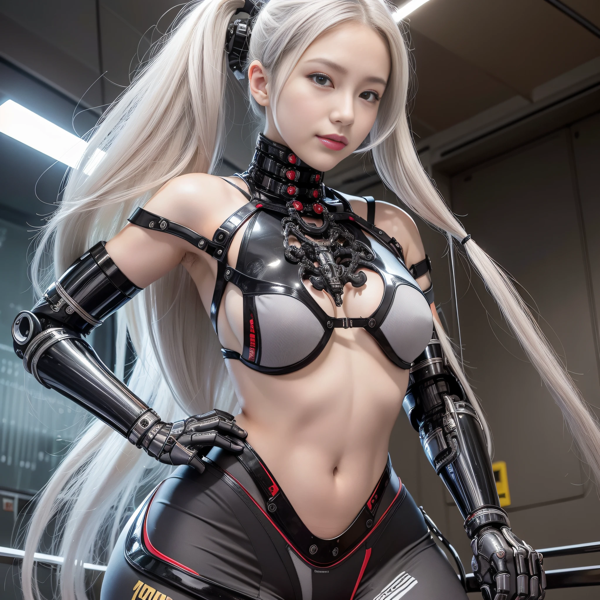 Beautiful Face,face is Japan, 1 Woman, Big, Curvaceous, (16k, RAW photo, top quality, masterpiece: 1.2), (HDR, Realistic, Photorealistic: 1.37) (tube attached to the body), (Bikini Cyborg robot parts)))), (light gray hair), Long hair, Wavy hair, Twin tails, Medium shot, ( Seductive smile)), (black eyes), princess cut,from below,(whole body),posing,,in the lab,( tube connected to blood vessel),((mechanical vertebrae attached to the back)),((mechanical neck attached to the neck)),(wire cable attached to the head and body),(character focus),science fiction,perfect female figure,perfect anatomy,ultraanatomy, Full body shot, up to 4 fingers and 1 thumb relationship,