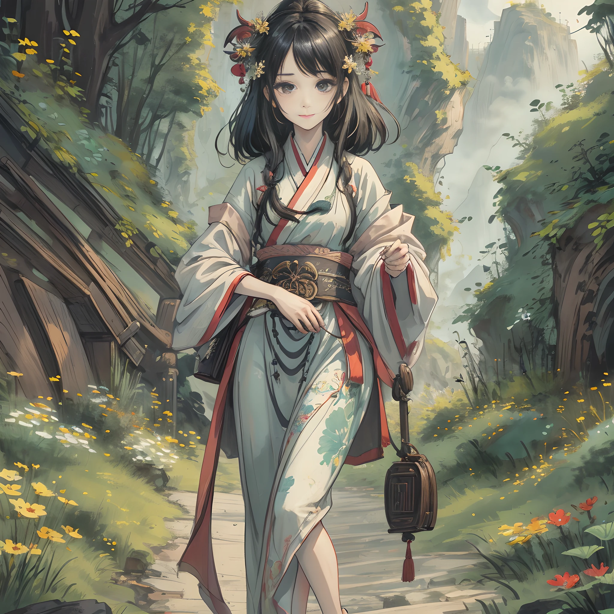 ((4K, masterpiece, best quality)), shuimobysim, Chinese painting, Hanfu, maxiskit, dress conservatively 1 cute girl, solo, black hair, tied two pill heads, smile, walking, mountain road, a talisman on the forehead, barefoot, holding a mountain stick, carrying a small green book box, four words in the upper left corner: The demon retreats