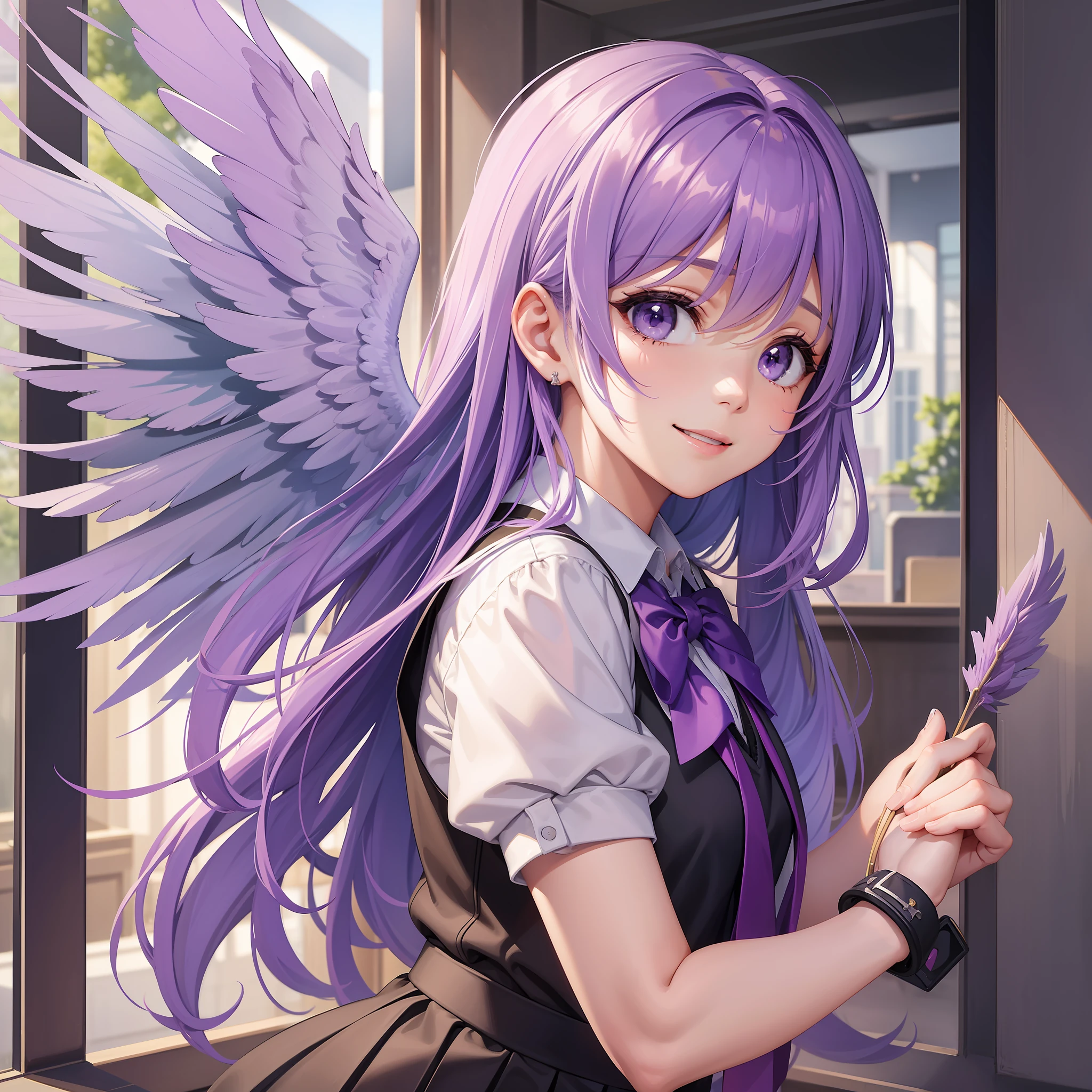 GIRL Wings of an Angel Purple hair BEST QUALITY A Masterpiece smiling smile beautiody school uniforms A Masterpiece School