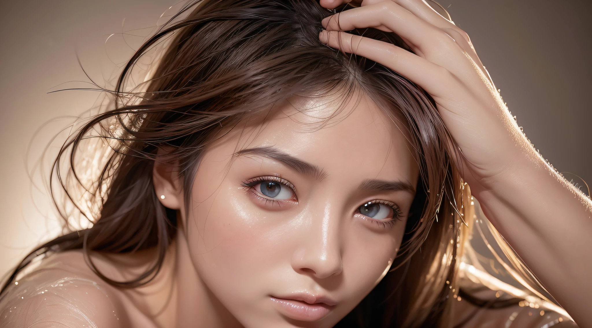 Hot Fashion dressed, (photo realistic:1.4), (hyper realistic:1.4), (realistic:1.3), (smoother lighting:1.05), (increase cinematic lighting quality:0.9), 32K, 1girl,20yo girl, realistic lighting, backlighting, light on face, ray trace, (brightening light:1.2), (Increase quality:1.4), (best quality real texture skin:1.4), finely detailed eyes, finely detailed face, finely quality eyes, (joy, blush), (tired and sleepy and satisfied:0.0), face closeup, t-shirts, (Increase body line mood:1.1), (Increase skin texture beauty:1.1)