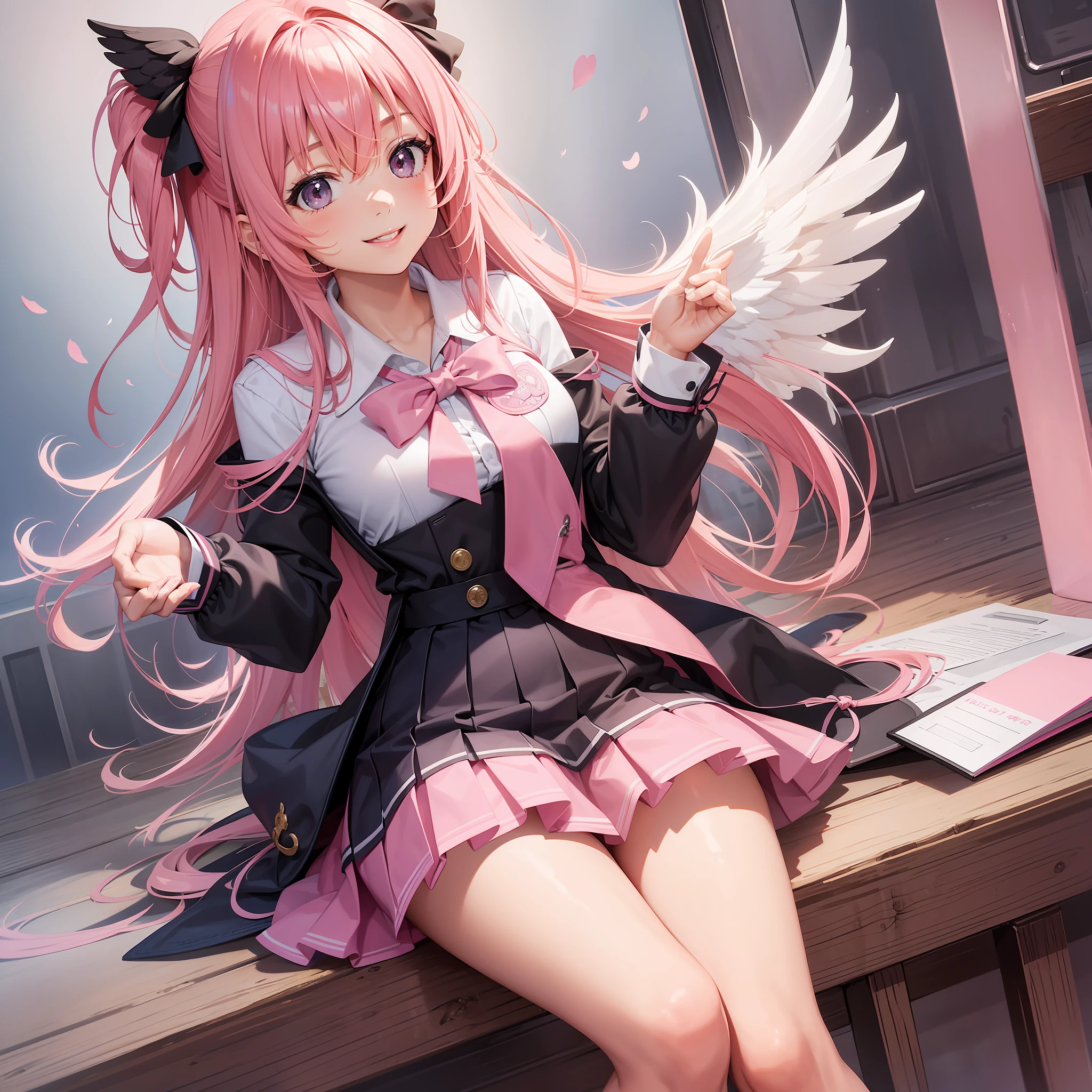 GIRL Wings of an Angel pink hair BEST QUALITY A Masterpiece smiling smile beautiody school uniforms