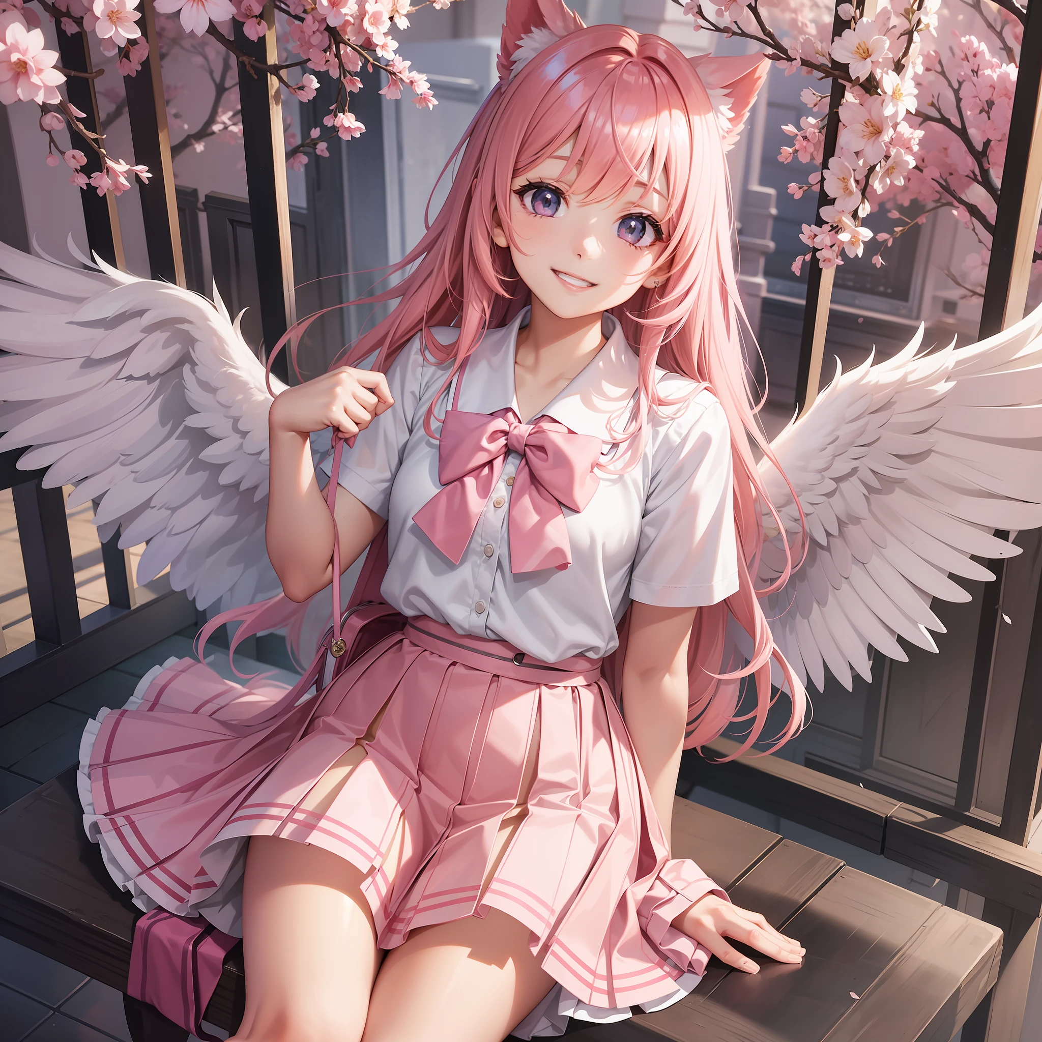 GIRL Wings of an Angel pink hair BEST QUALITY A Masterpiece smiling smile beautiody school uniforms
