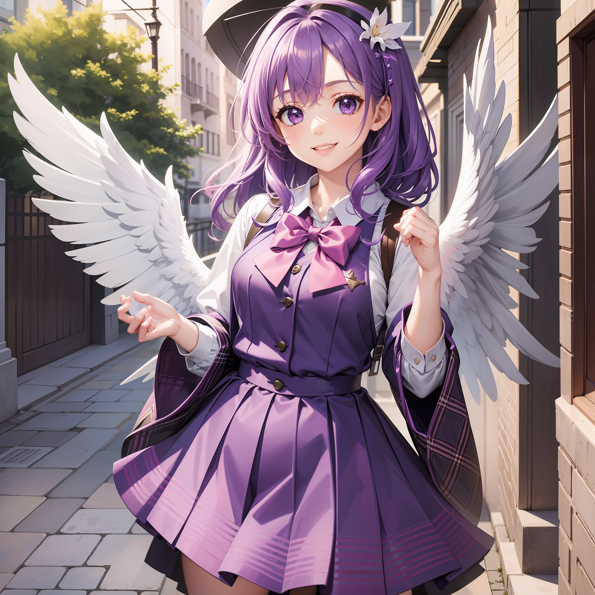 GIRL Wings of an Angel Purple hair BEST QUALITY A Masterpiece smiling smile beautiody school uniforms A Masterpiece School