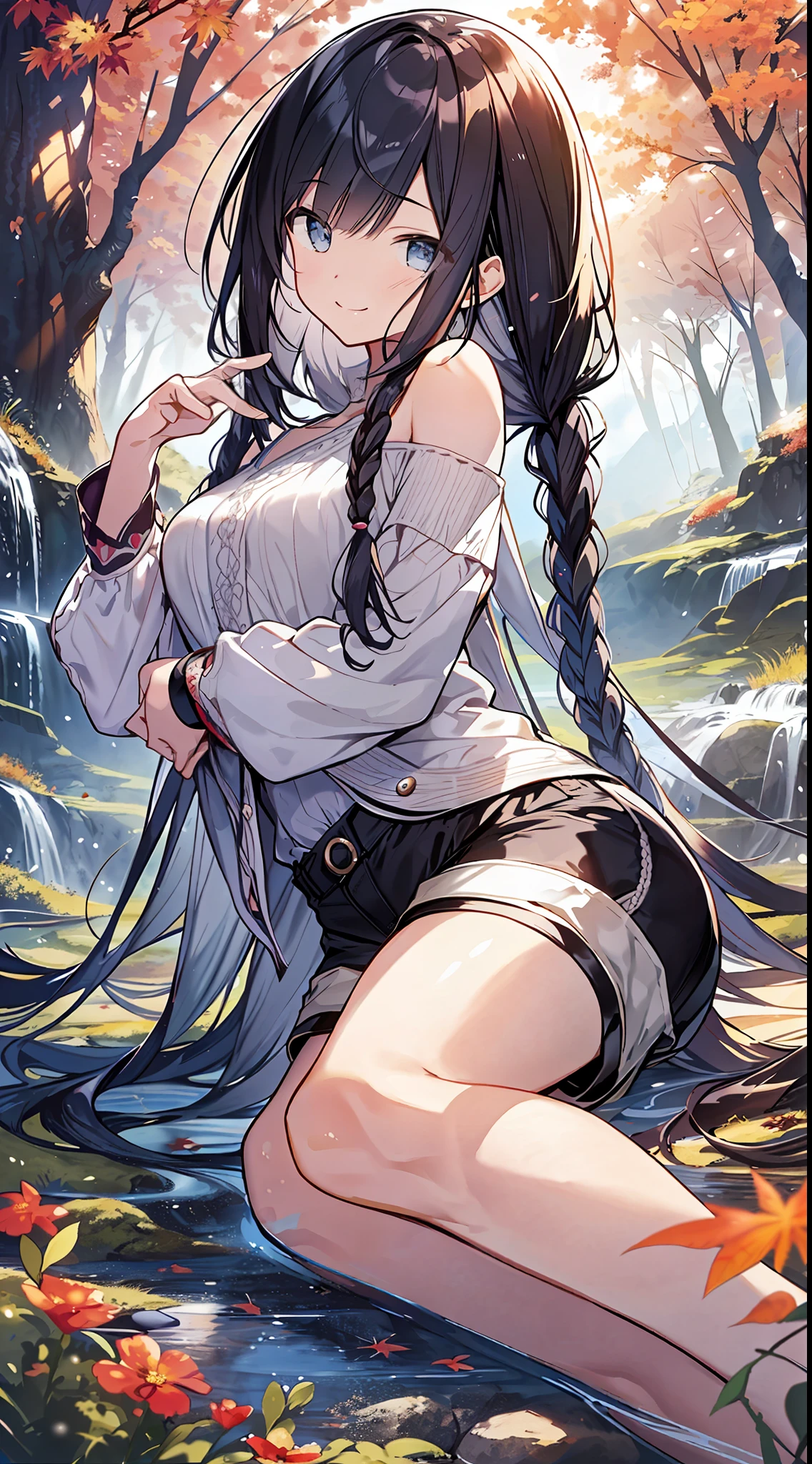 Top quality, masterpiece, ultra high resolution, 8k, (((autumn clothes, shirts, shorts)), shoujo manga style loli, one, soft line drawing, digital enhancement, shojo manga touch, shojo manga core, flowing fabric, close-up, (hair length to shoulders and short braids)), staring at us from the front, soft drawing, beautiful black hair, clear eyes, teasing smile, Ultra-detailed digital anime art, clear face depiction, ultra-detailed shoujo manga character art, ultra-detailed manga style, top quality colors, hand gestures, angle to see up to the feet, landscape with nature
