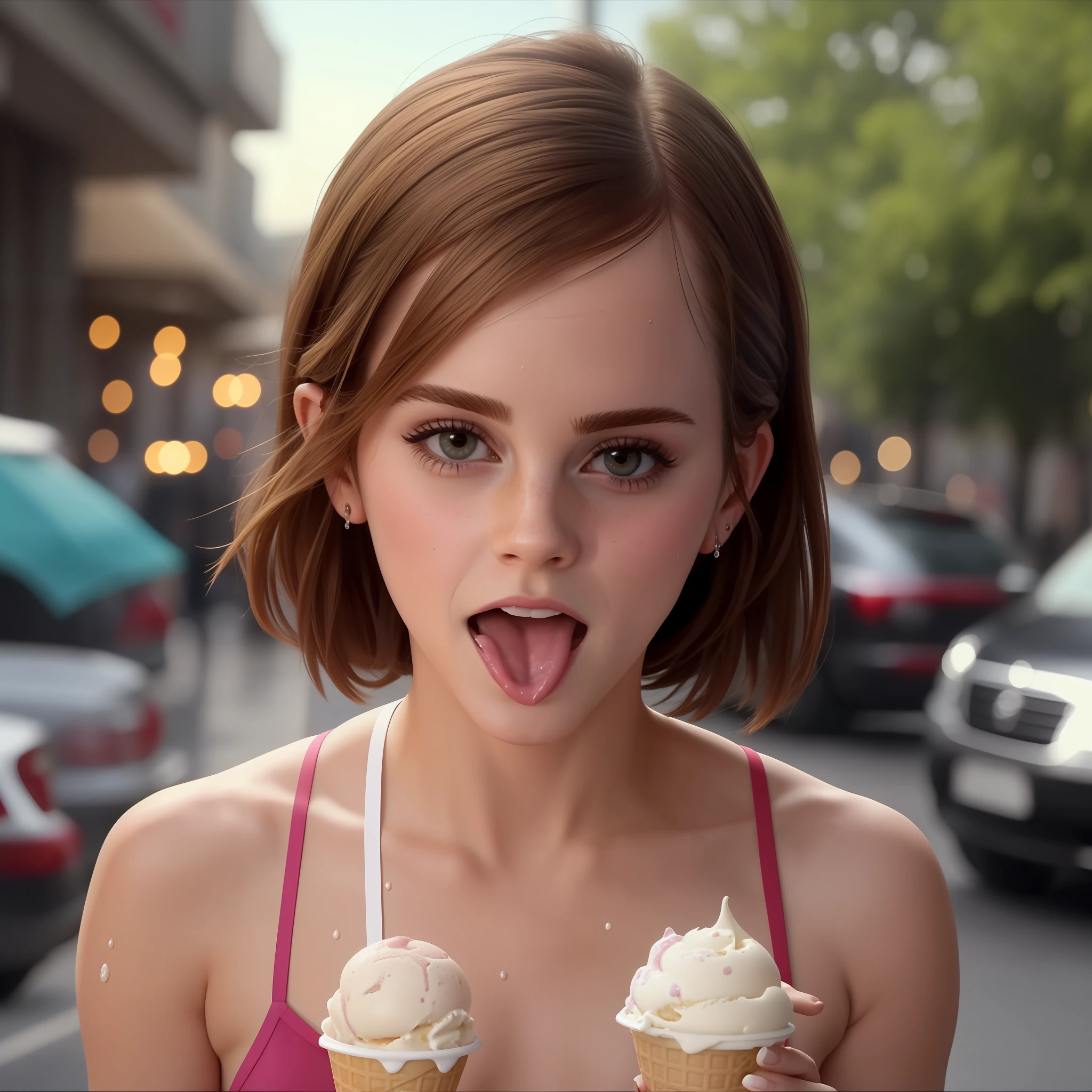 Emma Watson eating ice cream, in short, sexy clothes, she's completely wet and tongue-sticking out, super realistic, 4K, detail, cinematic,