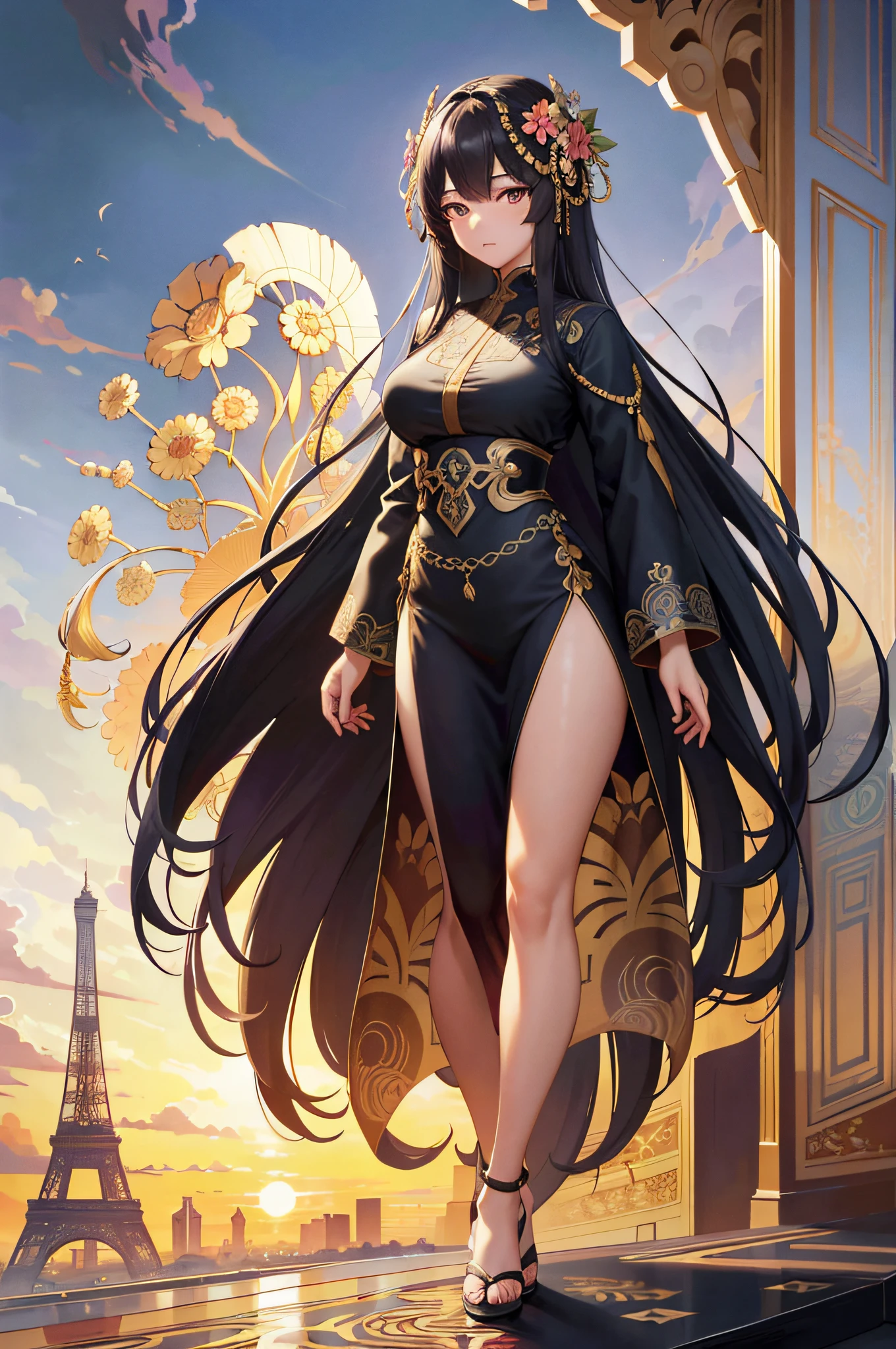 Full body photo of Asian woman, long curly hair, black hair, floral frame, decorative panels, abstract art, Alphonse Mucha (masterpiece, best quality, high resolution: 1.4), detailed, intricate details, 4K, color splash, line art, Fibonacci, sunset, in front of the Eiffel Tower.
