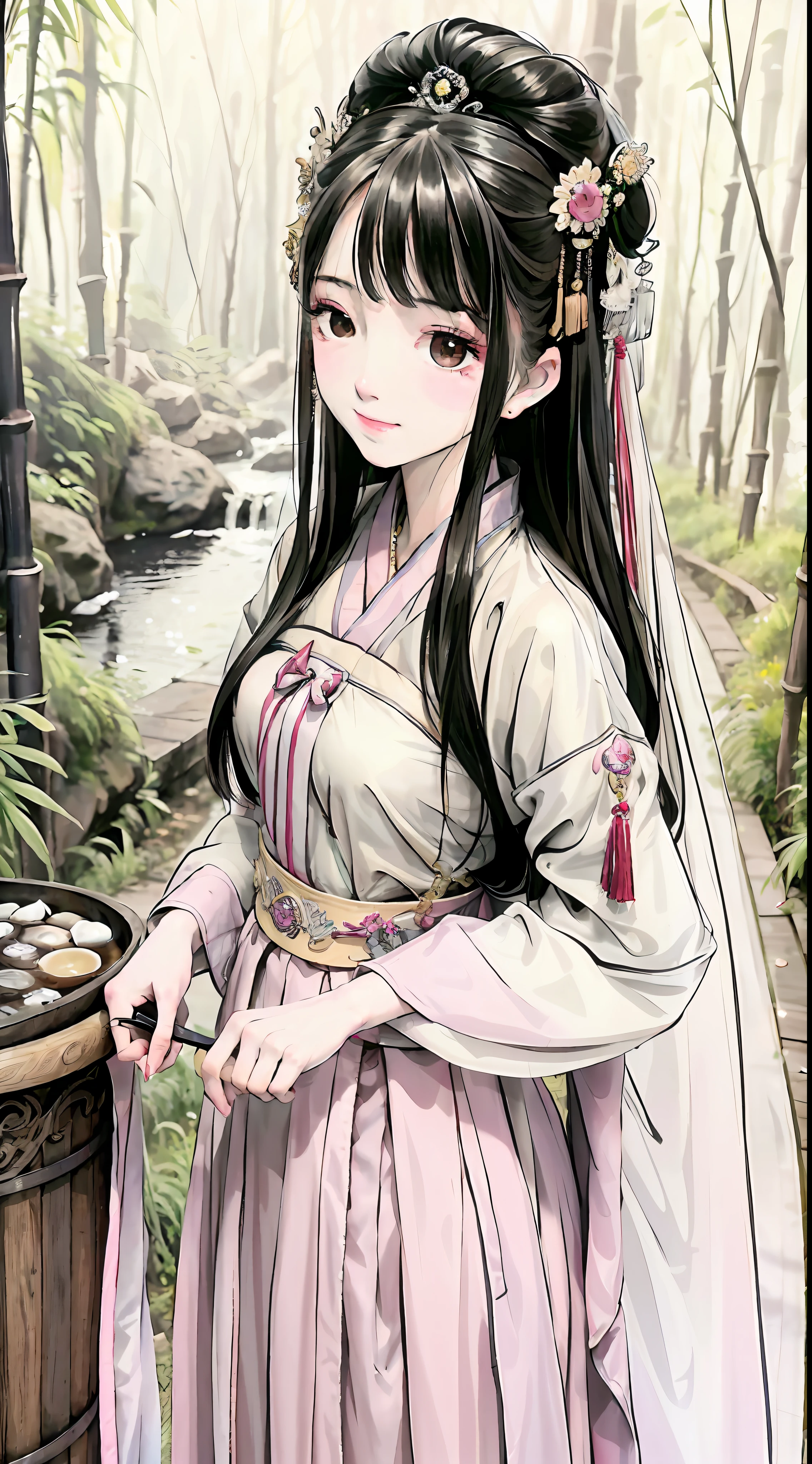 Masterpiece, 4k, super detailed, 1girl, 20-year-old young woman, delicate facial features, perfect face, smile, light makeup, headdress, hanfu, long skirt, skirt, bamboo forest, ink style, gongbi painting