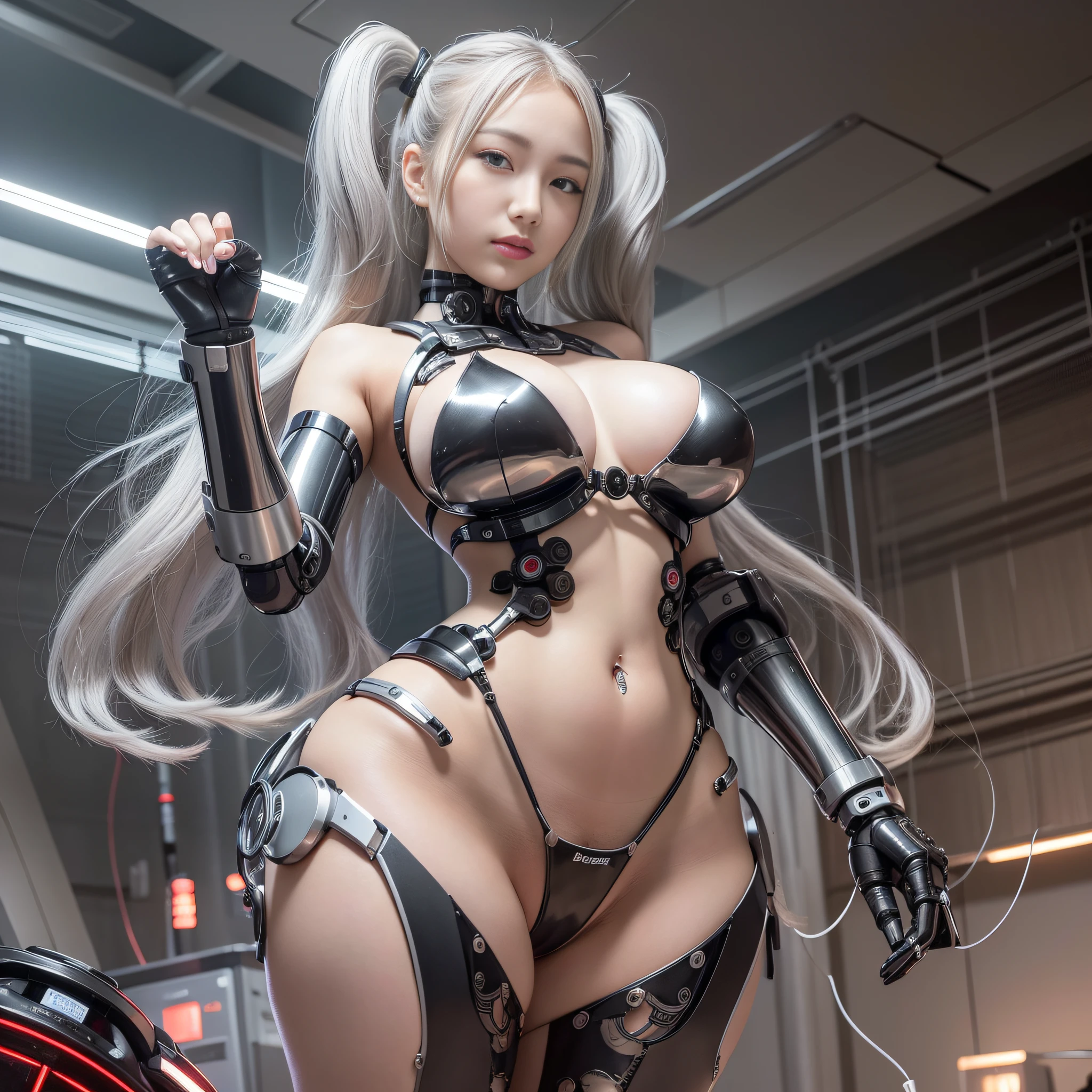 Beautiful Face,face is Japan, 1 Woman, Big, Curvaceous, (16k, RAW photo, top quality, masterpiece: 1.2), (HDR, Realistic, Photorealistic: 1.37) (tube attached to the body), (Bikini Cyborg robot parts)))), (light gray hair), Long hair, Wavy hair, Twin tails, Medium shot, ( Seductive smile)), (black eyes), princess cut,from below,(whole body),posing,,in the lab,( tube connected to blood vessel),((mechanical vertebrae attached to the back)),((mechanical neck attached to the neck)),(wire cable attached to the head and body),(character focus),science fiction,perfect female figure,perfect anatomy,ultraanatomy, Full body shot, up to 4 fingers and 1 thumb relationship,
