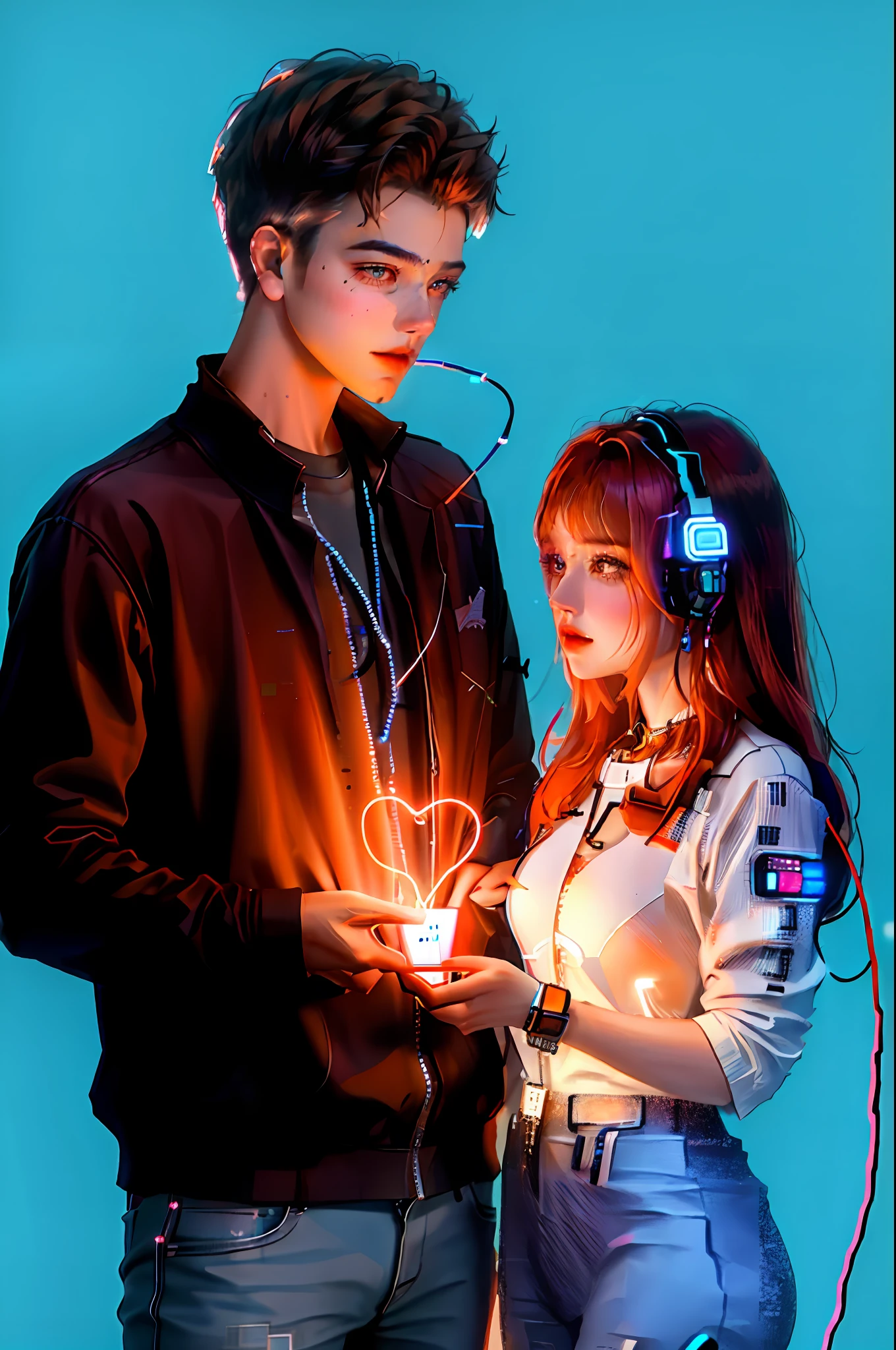 young guy and cybernetic girl, strong vertical frame, contrast, smooth cases, energy, movement, neon lights, orange and blue light, cyberpunk, close-up, cable wiring.