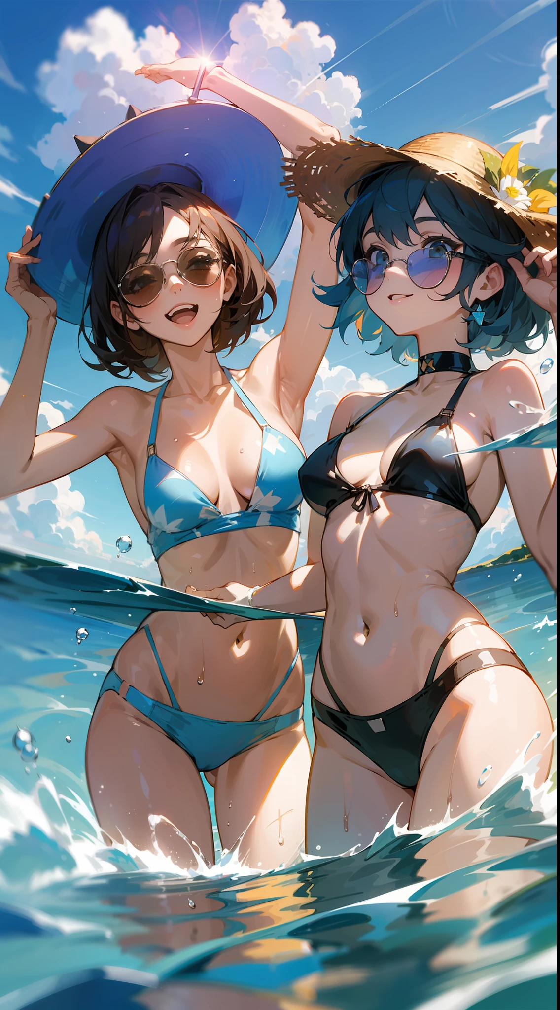 Masterpiece, best quality, 3 girls playing in the water, clouds, sun, clean blue sky, smile, having fun, sunglasses