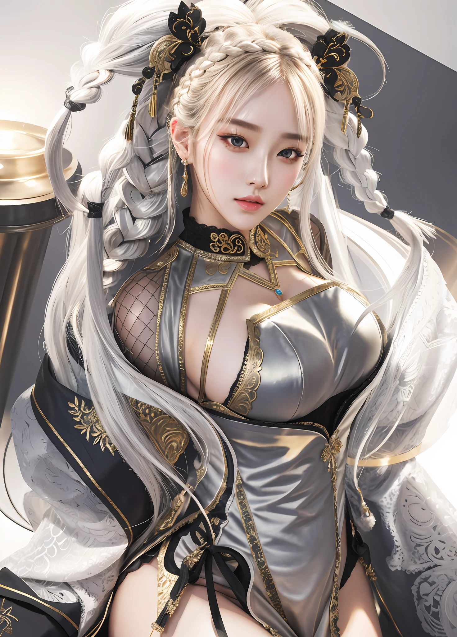 An Idol k-pop girl, cute girl, sexy girl, white braid hair, intricate face details, detailed face, golden ratio face, big breast, big butt, big hip, big thighs, full body, 64K, UHD, HDR, high quality, high detailed, hyper detailed, extremely detailed, photo realistic, ultra realistic, art photo, clarify the details, detailed parts body, intricate artwork masterpiece, trending on artstation