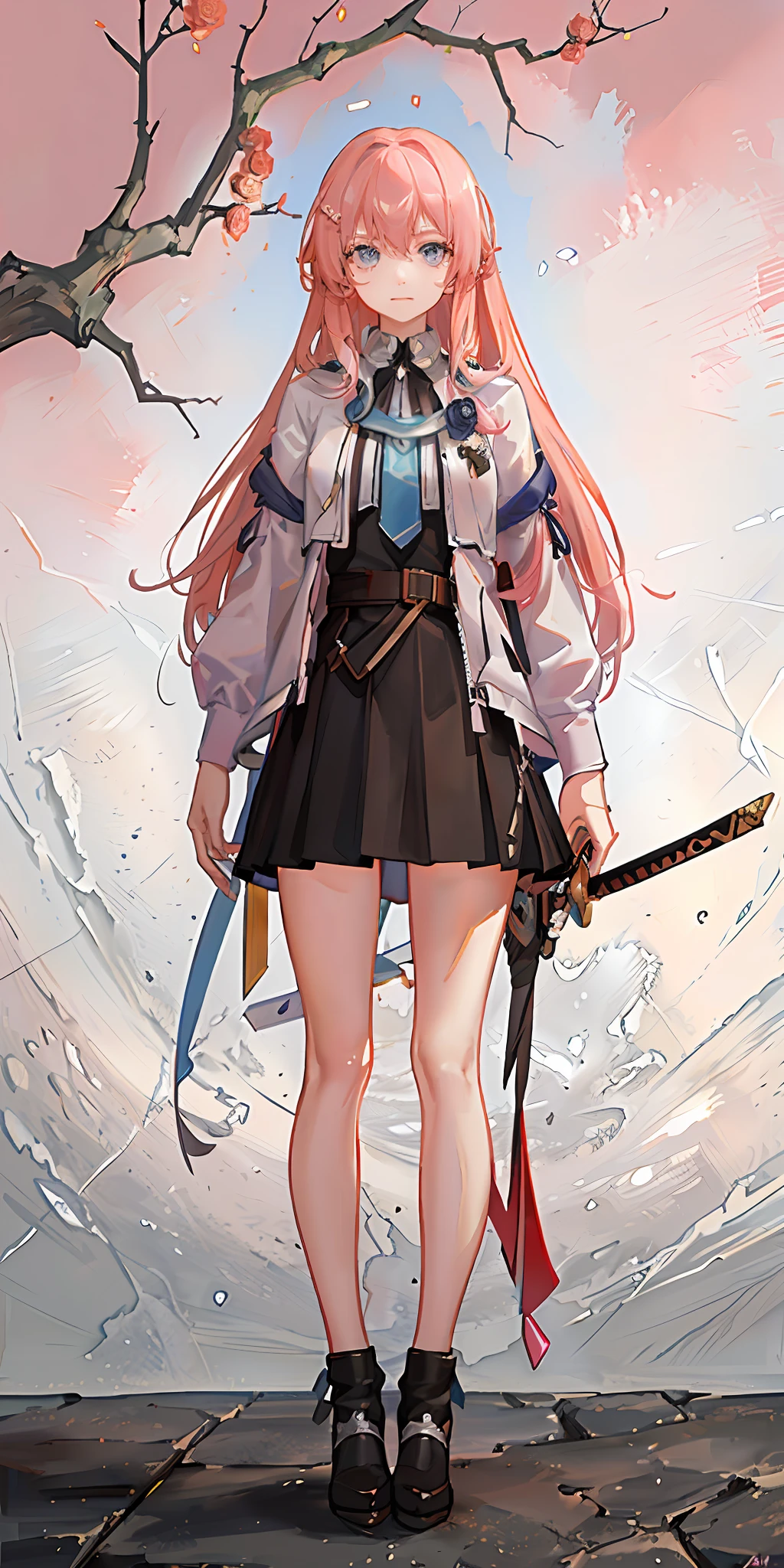 (Golden Ratio: 1.2), (Rose Graffiti: 1.2), (Fault Color: 1.3) Masterpiece, Girl, Pink Hair, Long Hair, Greatsword, Medal