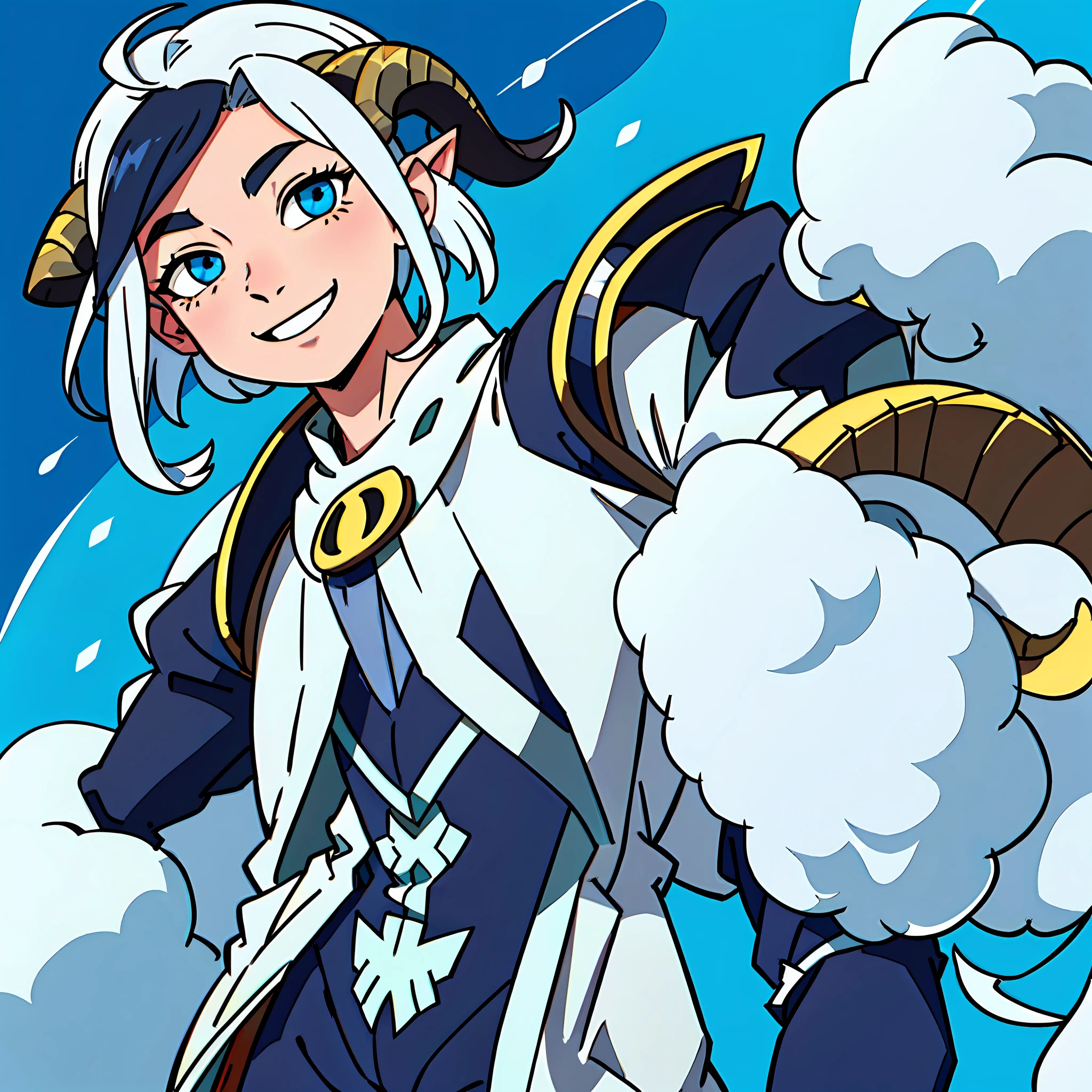 super fine animification,analog style,an extremely beautiful male ,(sheep horns growing out of head:1.2), highly detailed beautiful face and eyes, look at viewer, smile,cowboy shot, beautiful white hair, solo, dynamic angle, beautiful detailed suit