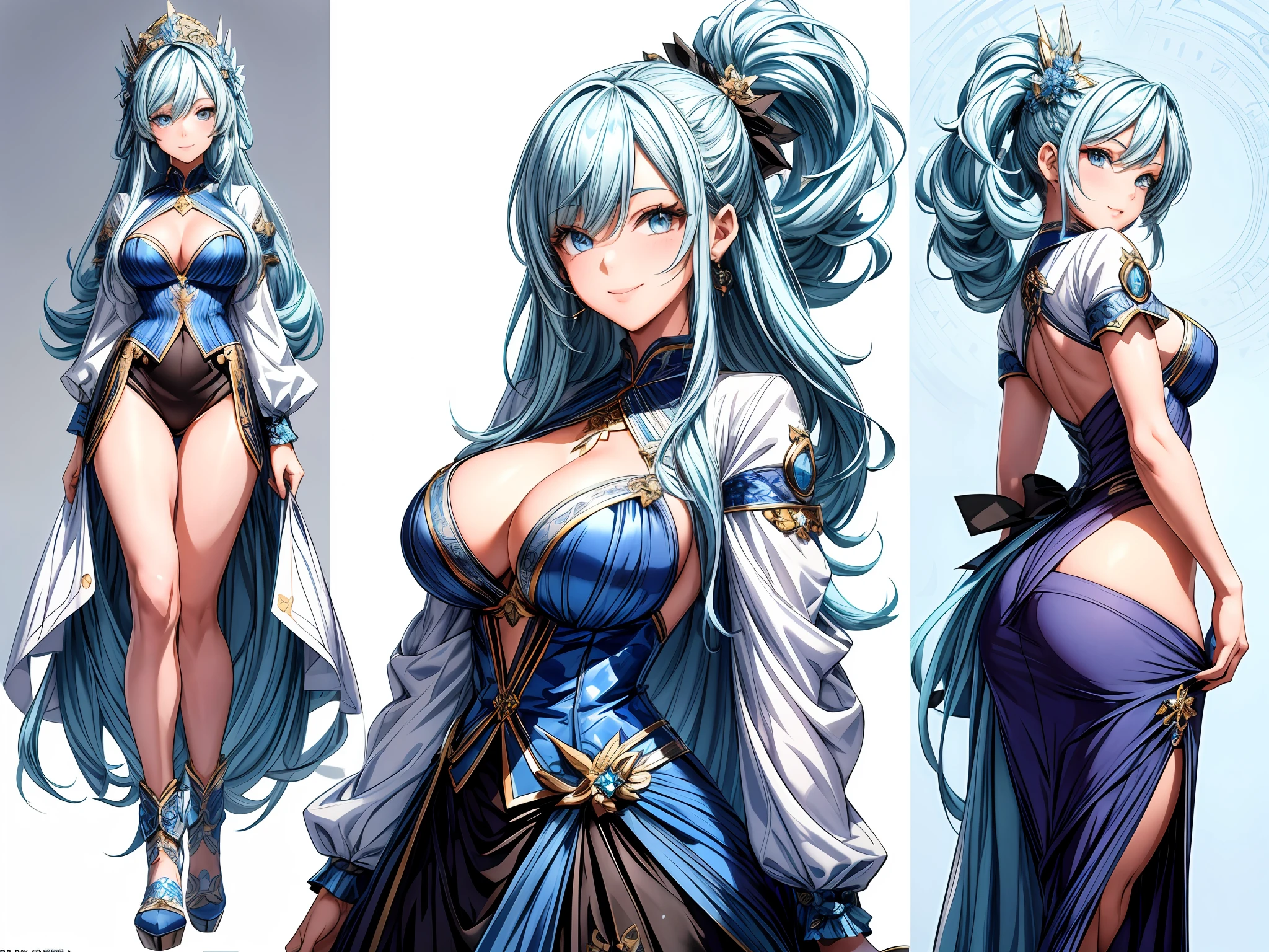 (masterpiece), ultra detailed, 8k, ((A character sheet:1.4)) or reference sketch of a idol girl with her idol dress she has long hair with blue color and she short, ultra realistic and sharp detail and intricate, intricate details, and style, simple background illustration, white flat background,she smiling