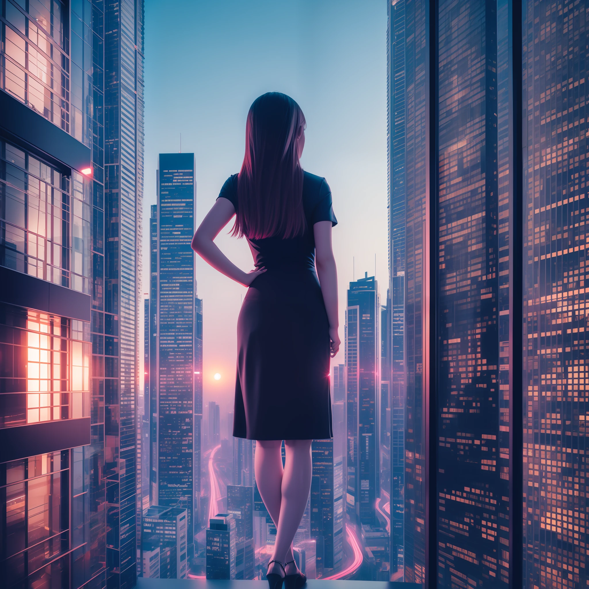 16K, Best Quality, Woman staring out of window of skyscraper, night view of neon city city, beautiful gradient, sharp lines, near-unexplored, urban atmosphere
