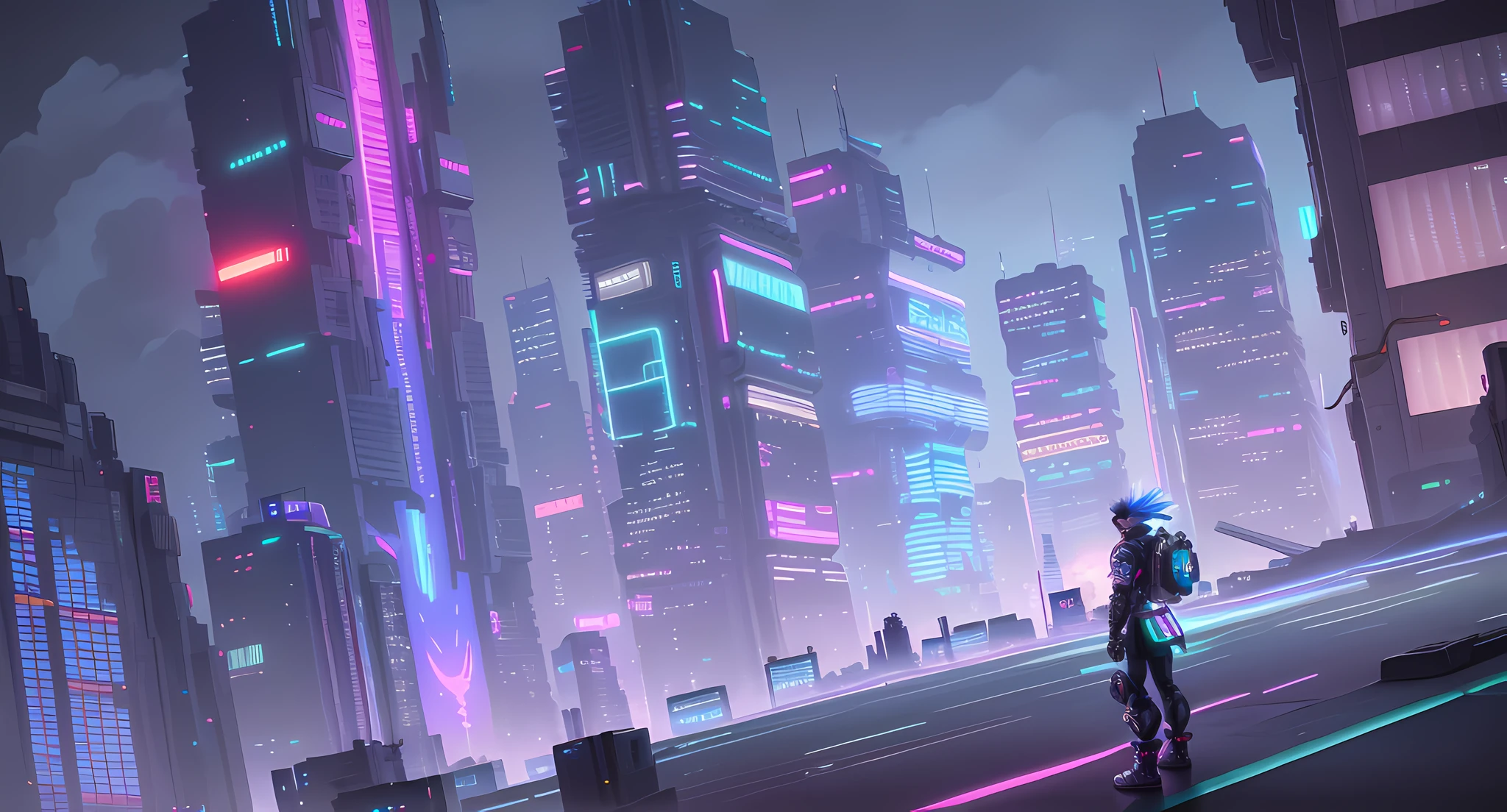 anime city with a man standing on the street looking at the city, cyberpunk cityscape, in a futuristic cyberpunk city, in cyberpunk city, cyberpunk dreamscape, cyberpunk art style, detailed neon cyberpunk city, cyberpunk themed art, cyberpunk city landscape, at an cyberpunk city, at a cyberpunk city, busy cyberpunk metropolis, cyberpunk city, futuristic cyberpunk tokyo night, a cyberpunk cityscape