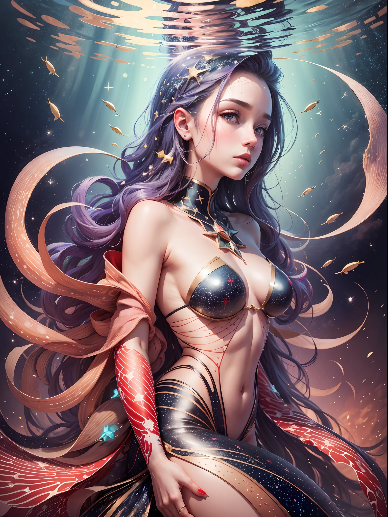 ((4k, work-before, best quality)) A woman of fish with the surrounding constellations in red --auto --s2