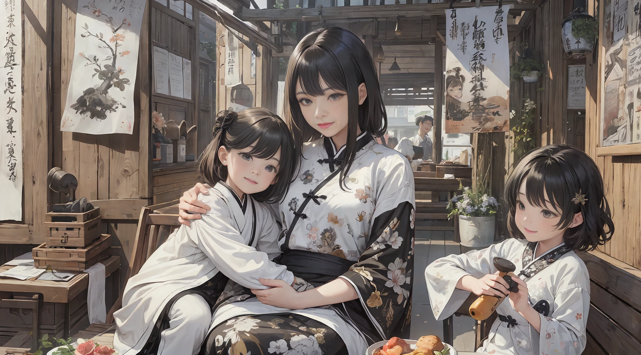 {{masterpiece, best quality, extremely detailed CG, unity 8k wallpaper, cinematic lighting}}, traditional Chinese ink painting,
traditional Chinese ink painting, 2 girls, 1boy, 2 women and a 1 boy sitting on a bench, aunt mother and son, with child, innocent boy, smiling mother and aunt, happy family,