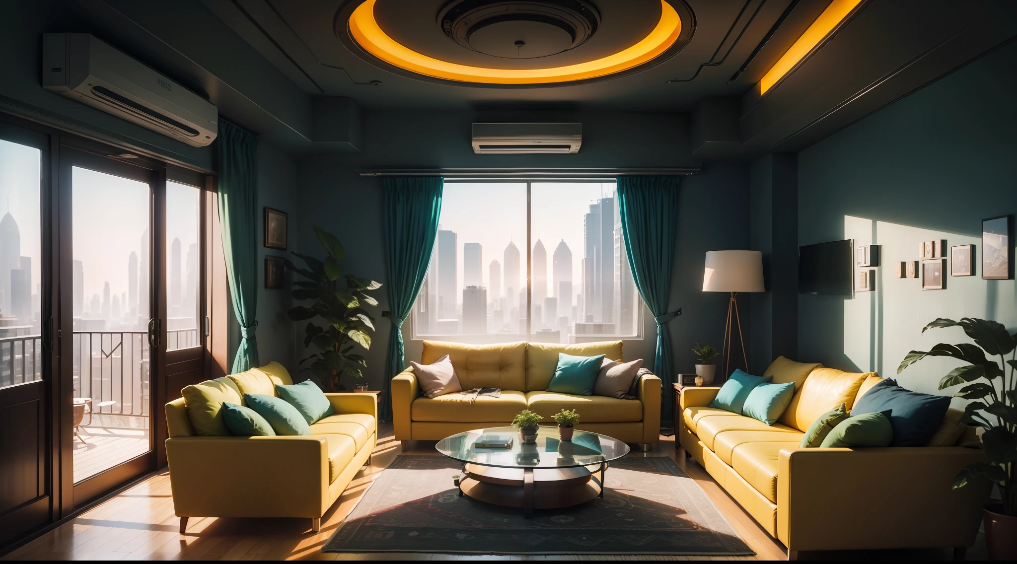 solarpunk arafed living room with a large sofa and a large window, solarpunk looking living room, retro solarpunk apartment, solarpunk room, solarpunk interior, solarpunk bedroom background, solarpunk decoration, solarpunk apartment, spaceship interior, sci-fi interior, solarpunk apartment, sci fi engine room living room, games room in 2 0 4 0, Scifi room, the solarpunk apartment