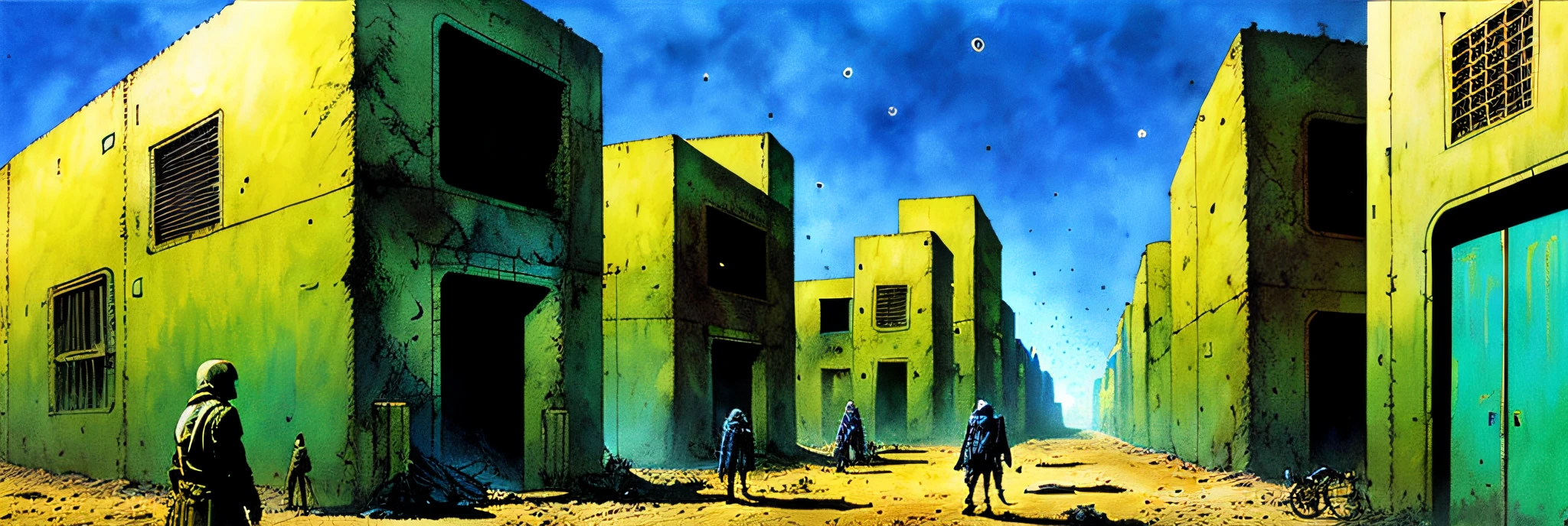 africa, city, science fiction, complex scene   futuristic, post-apocalyptic
dark, dim light, dark-scene, blue-scale, green-scale
(  ink sketch by Enki Bilal)((masterpiece, best quality, )),