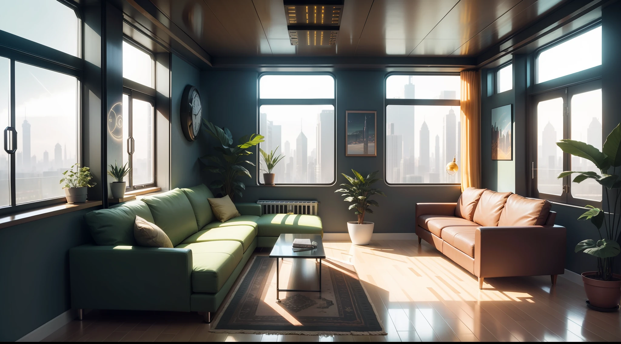 Solarpunk Window There is a living room with a couch - SeaArt AI
