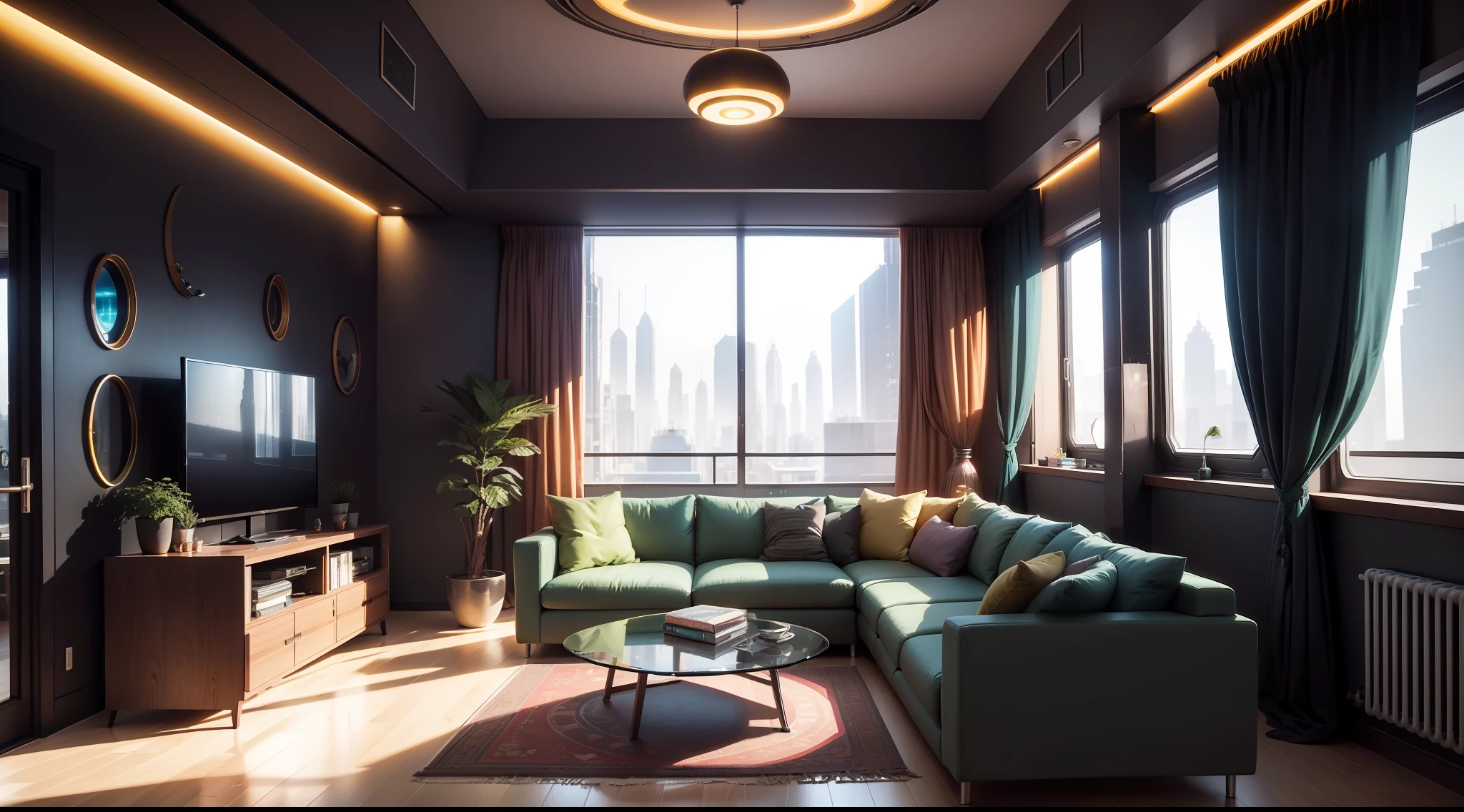 solarpunk arafed living room with a large sofa and a large window, solarpunk looking living room, retro solarpunk apartment, solarpunk room, solarpunk interior, solarpunk bedroom background, solarpunk decoration, solarpunk apartment, spaceship interior, sci-fi interior, solarpunk apartment, sci fi engine room living room, games room in 2 0 4 0, Scifi room, the solarpunk apartment